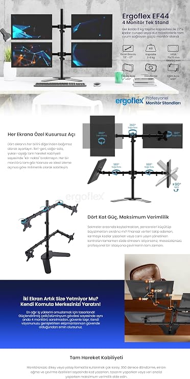 ergoflex EF44 Steel Design 2-8 Kg Quad Ekran Asansörlü 13-27inch Desktop Monitör Standı, Siyah