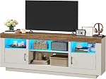 FIONESO 67" TV Stand for up to 75 Inch TV, TV Console with 2 Storages & 4 Shelves, Two-Tone Entertainment Center with LED Light for Living Room, Bedroom, White and Brown