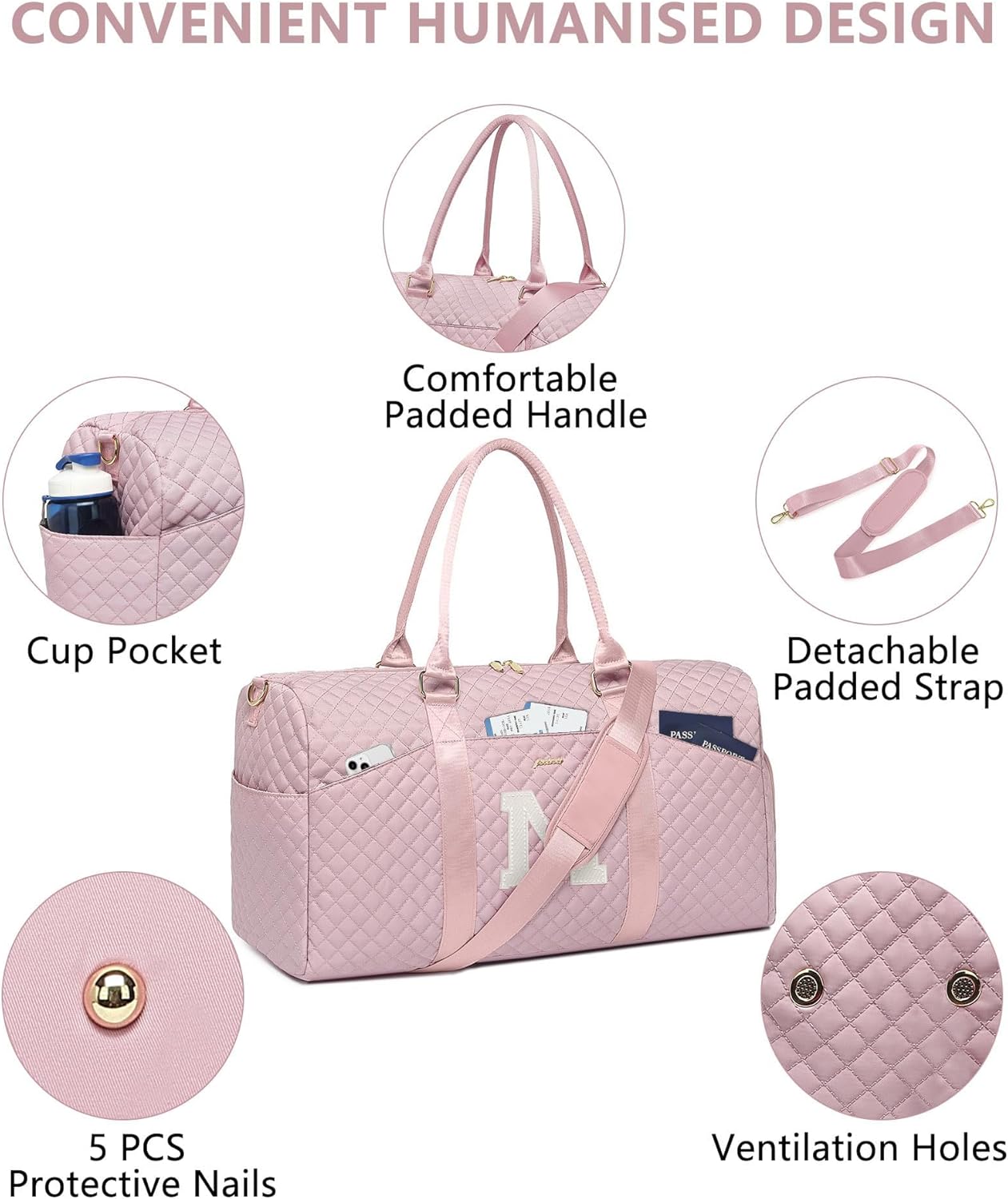 Women Weekender Travel Duffle Bag: Initial Duffel Overnight Bags with Shoe Compartment Large Carry on Tote with Toiletry Bag Weekend Traveling Yoga Gym Hospital Bag for Women with Wet Pocket Letter M - Image 4