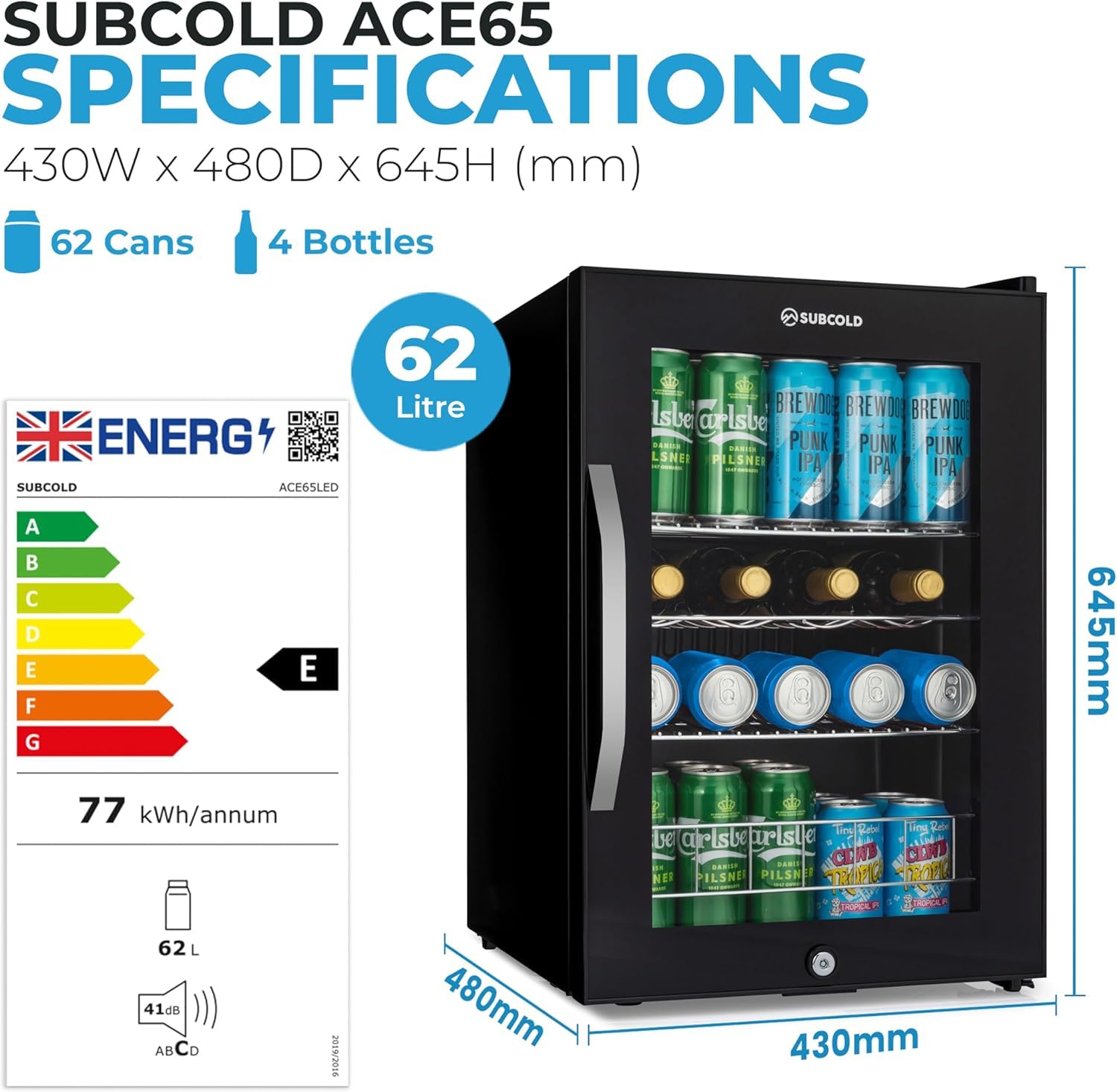 Subcold Ace65 LED Touch Control Beer Fridge With Glass Door