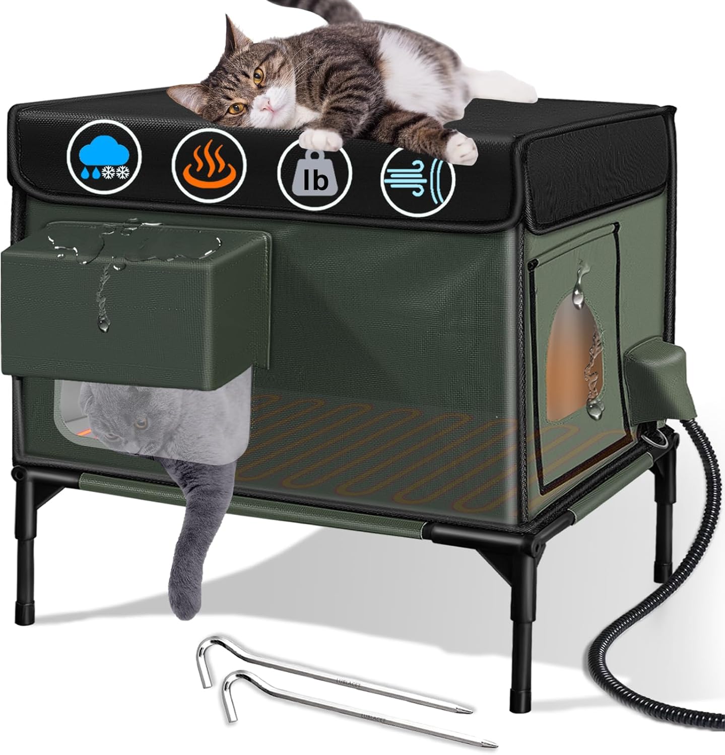 Heated Cat House for Outside Cat Insulated in Winter,Fully Waterproof,with Adjustable Awning,Escape Door,Indoor Outdoor Cat Shelter for Feral Stray Barn Cat to Stay Warm&Dry,Olive/Black,13x18.5x21.2in