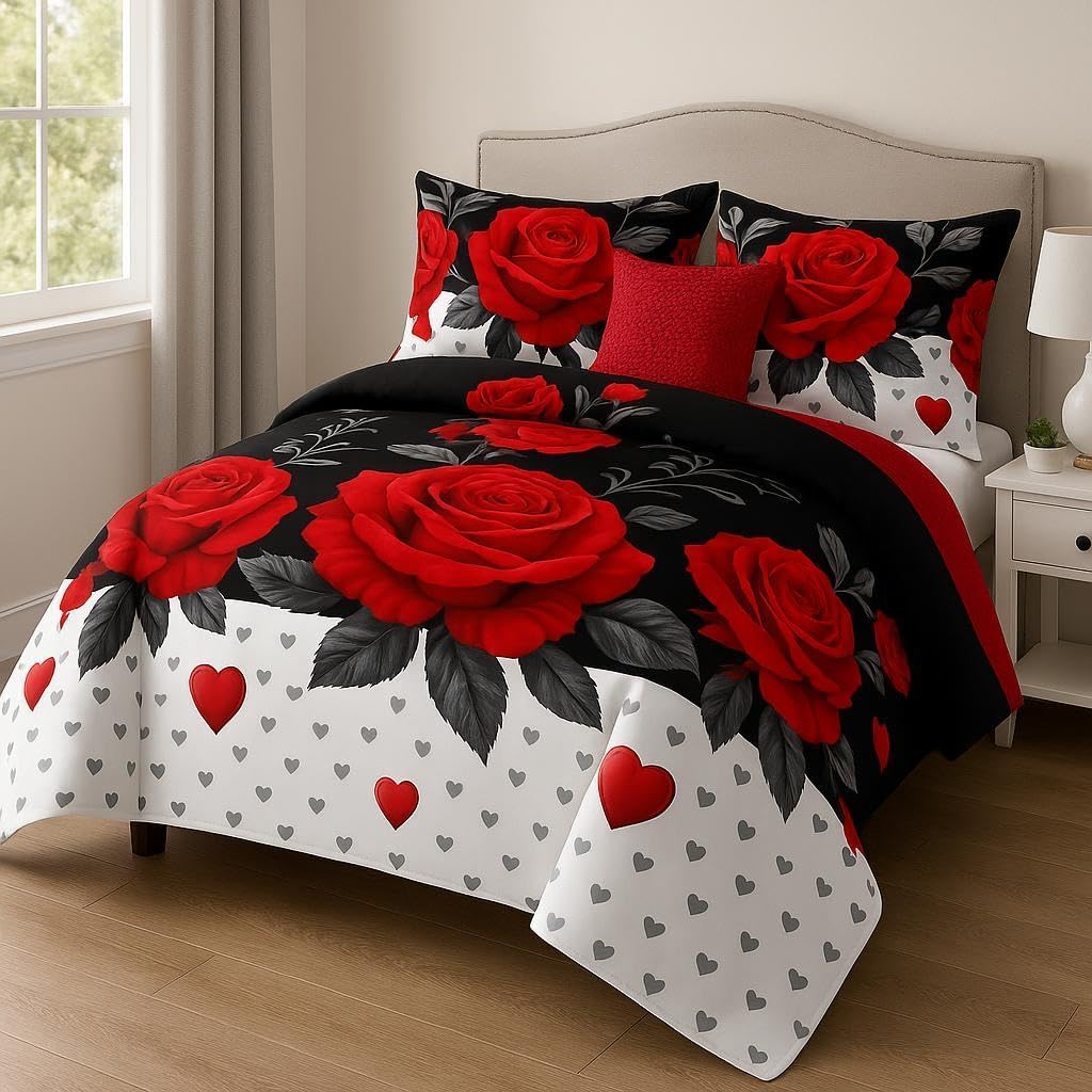 Elegant Red Rose Floral Cal King Comforter Set, Luxury 9-Piece Bed in a Bag Cal King Bedspread with Matching Curtains, Ultra Soft & Breathable Botanical Bedding, All-Season Decor for Master Suite