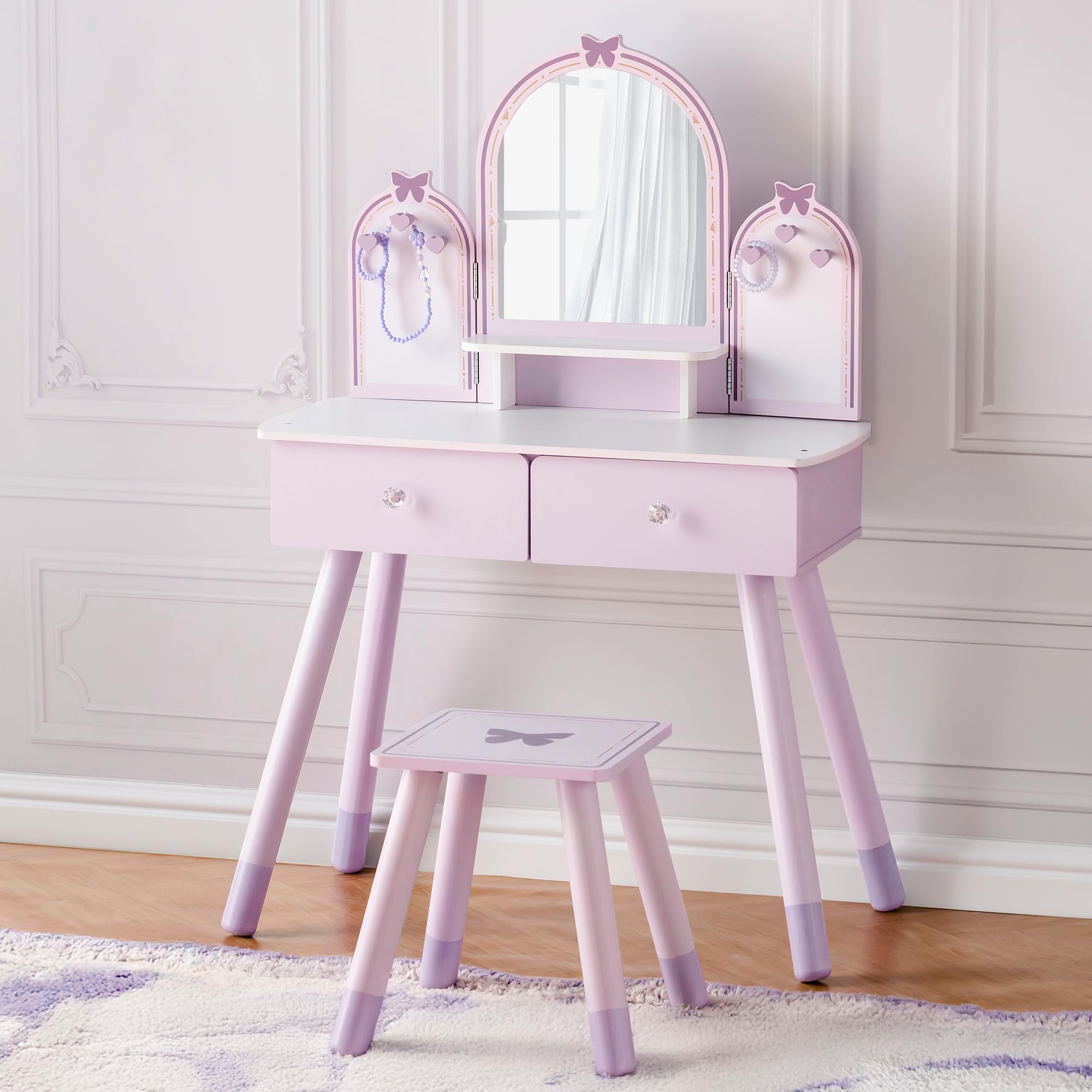 robotime purple kids vanity set makeup vanity desk with mirror chair and storage drawers little girl dressing table with stool for toddlers ages 3