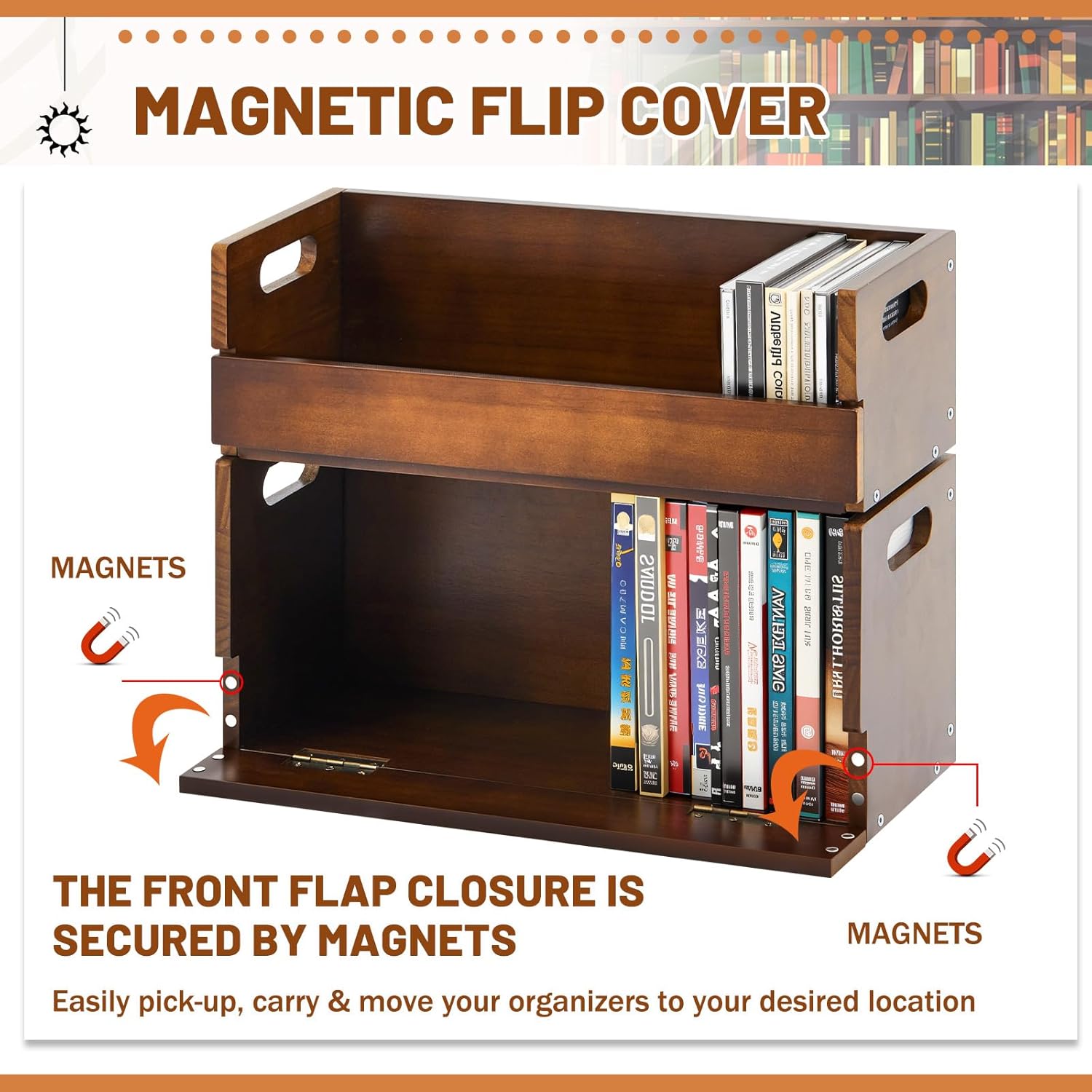 2 Set Wooden DVD and CD Storage Box Cassette Tape Display Stand Holder Rack with Carrying Handle, Organizer Shelf for Movie Cases, Each Can Store up to 36 CDs and 26 DVDs (Brown)