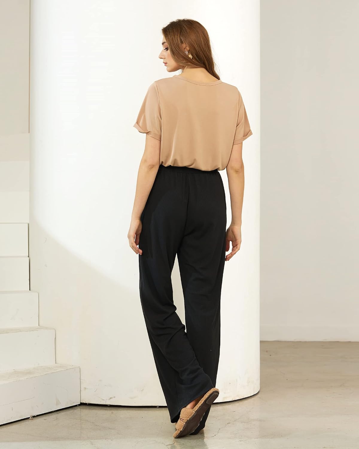 noflik Women's Casual Elastic High Waisted Drawstring Wide Leg Ribbed Knit Pants with Pockets - Image 4