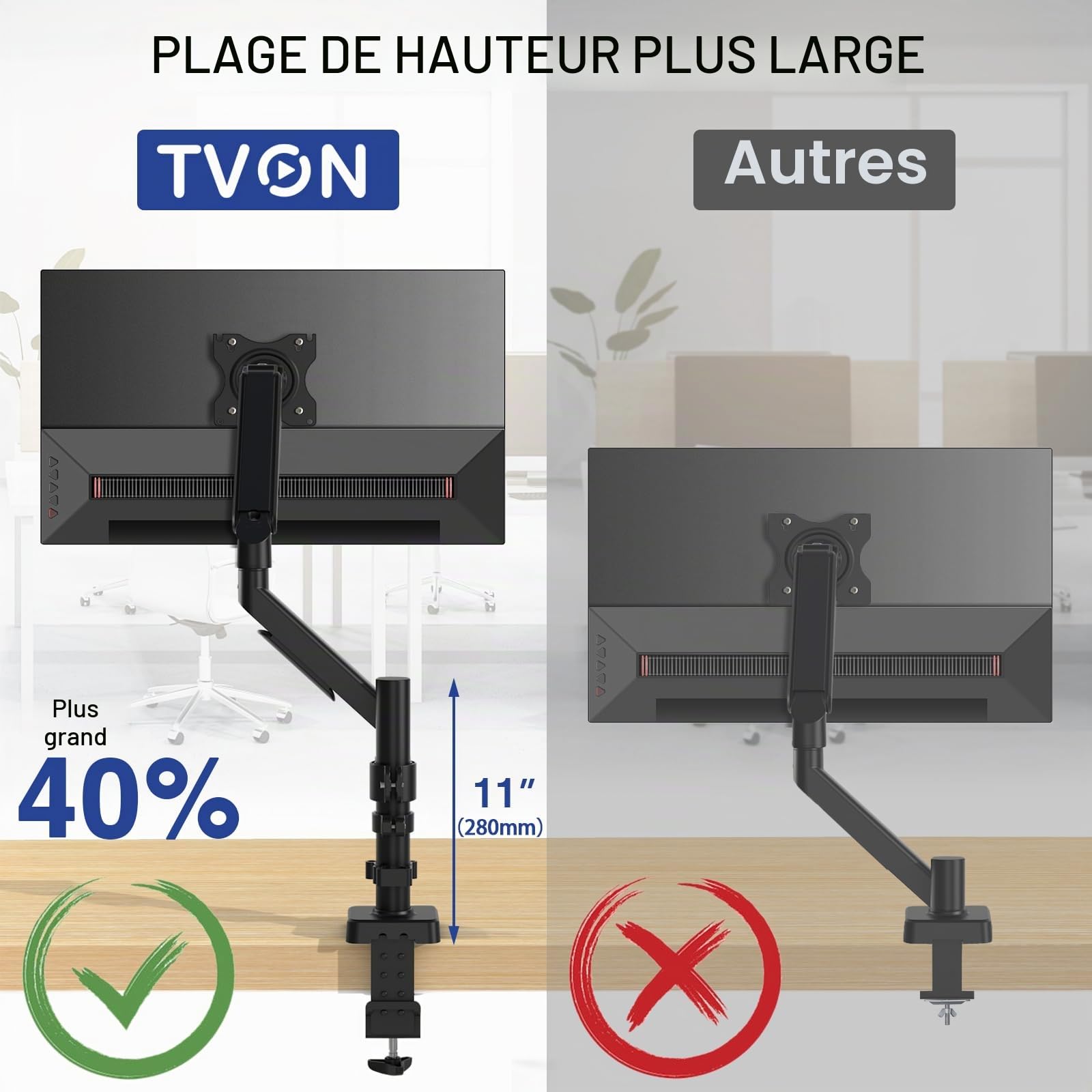 TVON Support Écran PC pour Écrans 17-32 Pouces jusqu'à 9 kg | Bras Écran PC élevé, tout réglable, gain place, montage simple, 2 socles, VESA 75/100mm
