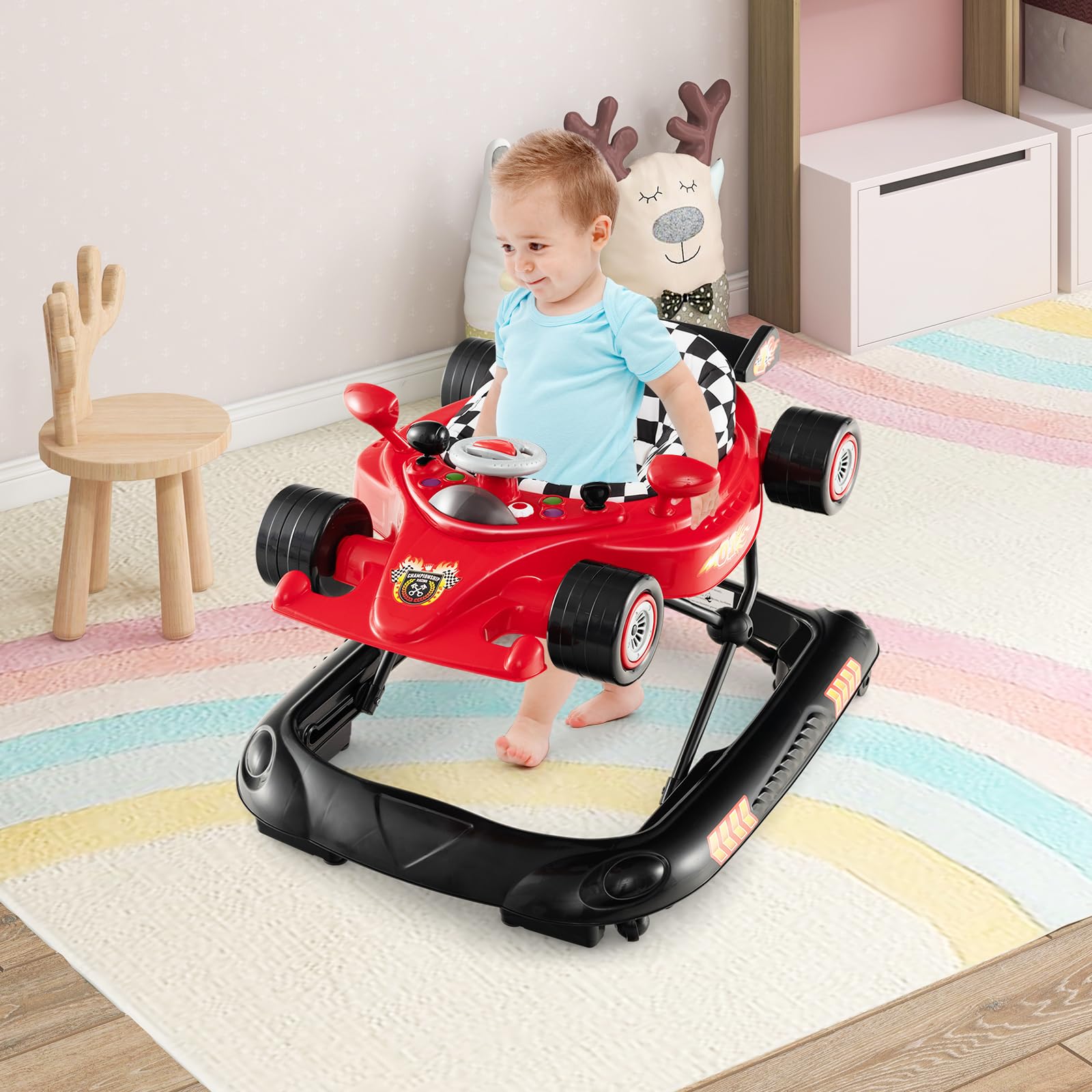 LIFEZEAL 4 in 1 Girello Neonato, Girello per Bambini Pieghevole, con 3 Altezze Regolabili, Giocattolo Rimovibile, Sedile Confortevole e Ruote, Portata 12 kg,Primi Passi per 6-14 Mesi