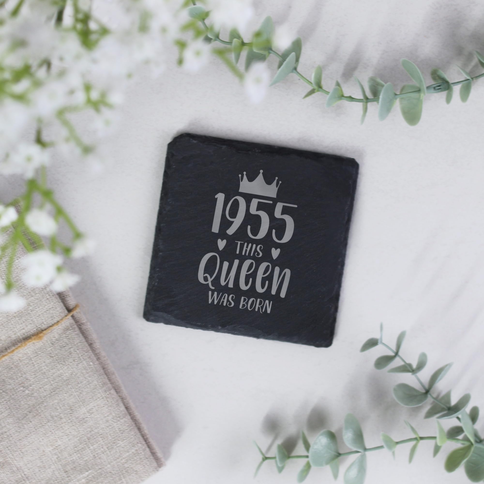 eBuyGB Engraved 1955 This Queen Was Born Square Slate Coaster, 70th Milestone Birthday Gift for Women, Seventieth Gift for Her