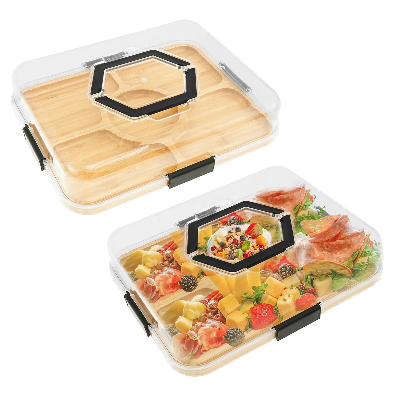 Lot de 2 plateaux de service en bambou avec couvercle et 5 compartiments - Plateau à fromage - Plateau à fruits - Serveur en bois épais - Cadeau de réchauffement de la maison pour les gourmets