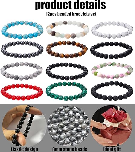 Miniatura 6 de BOMAIL 12 pulseras de piedras preciosas semipreciosas naturales, pulseras redondas de cuentas de 0.315 pulgadas para hombres y mujeres, pulseras