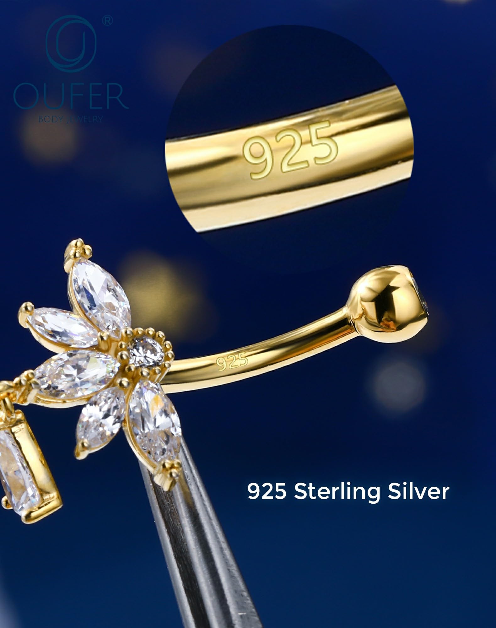 OUFER Lotus Gold - Piercing para ombligo de plata de ley 925, 14 g, con colgante, circonita transparente, 10 mm