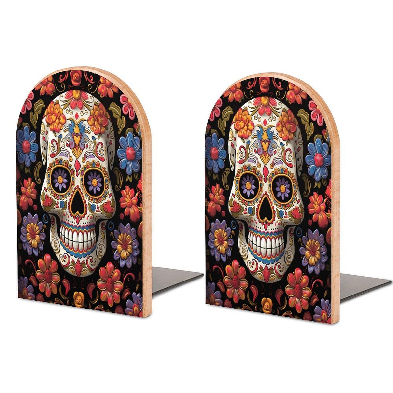 Sugar Skulls Bookend Wood Book End for Shelves Heavy Duty Non-Slip Wooden Bookend Support Universal Economy Bookends Fancy Modern Decorative Book Accessories 1 Pairs