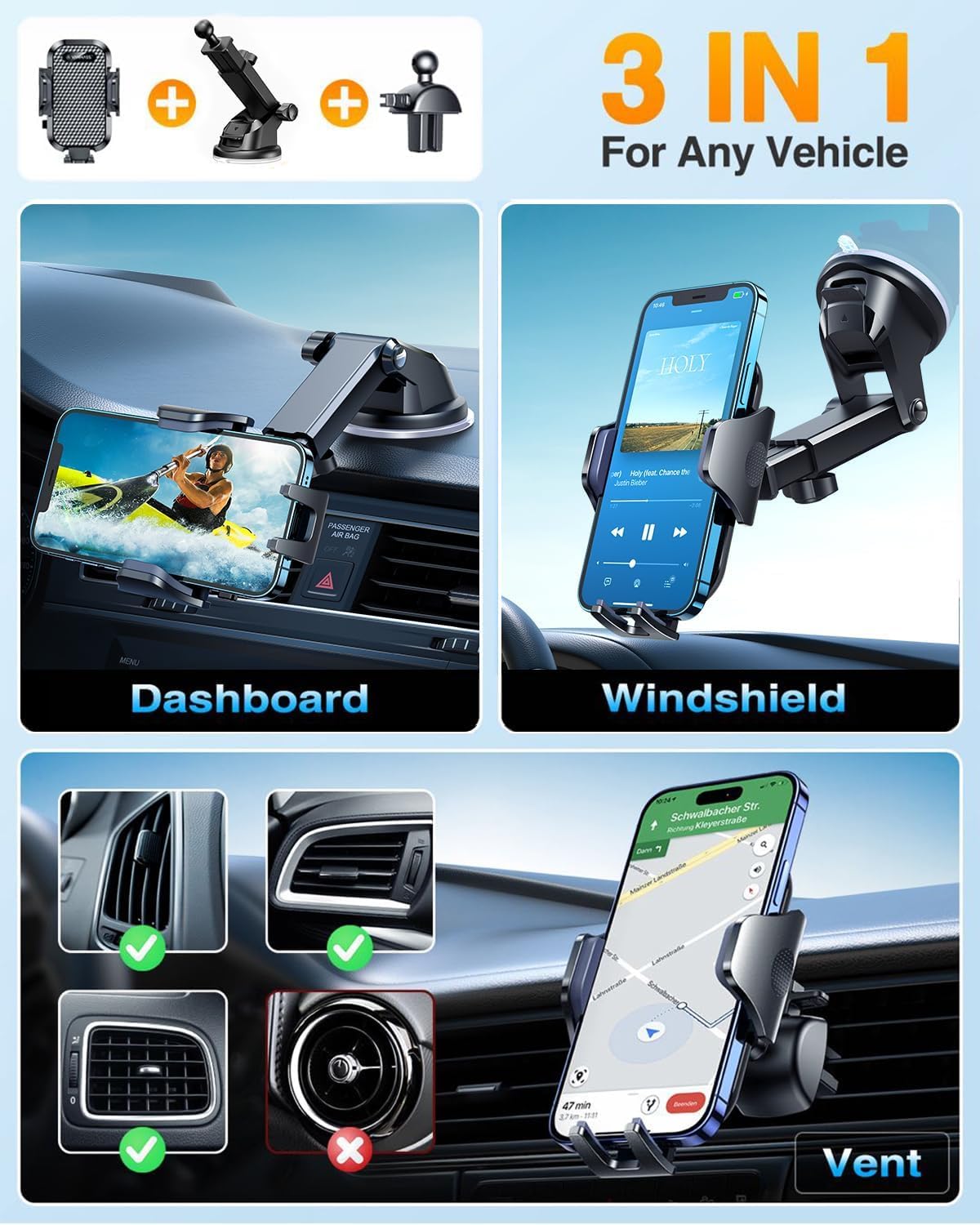 VANMASS Car Phone Holder 2026 BEST 【85+ lbs Strongest Suction & Vent Clip】 True Military-Grade Patent Universal Mobile Vehicle Mount Dashboard Windscreen Van Cradle for 17 Pro Max 16 15 14 Samsung — view 6