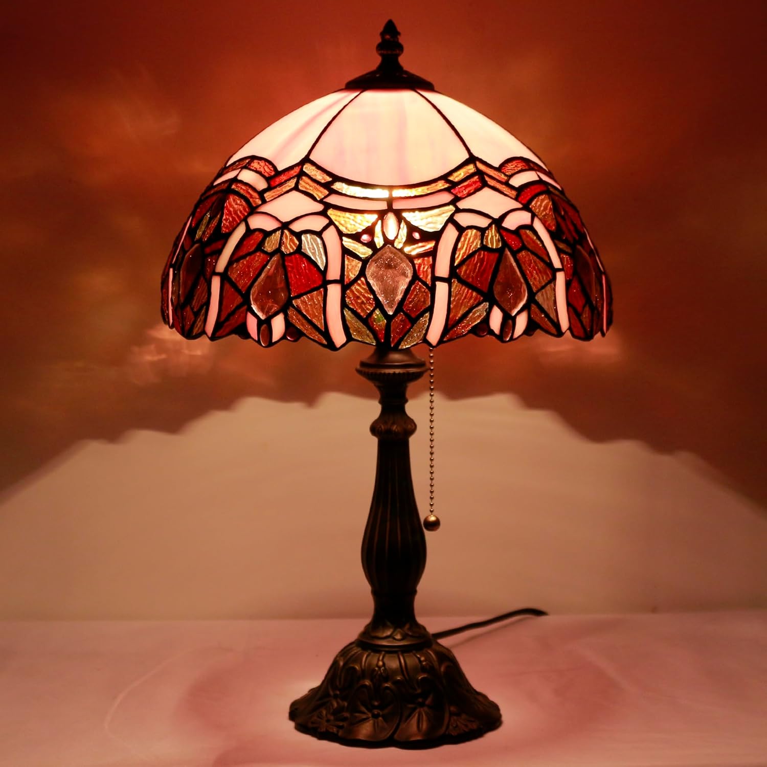 Tiffany Table Lamp Stained Glass Lamp 12X12X19 Inch Antique Reading Light (Pink Jewelry)