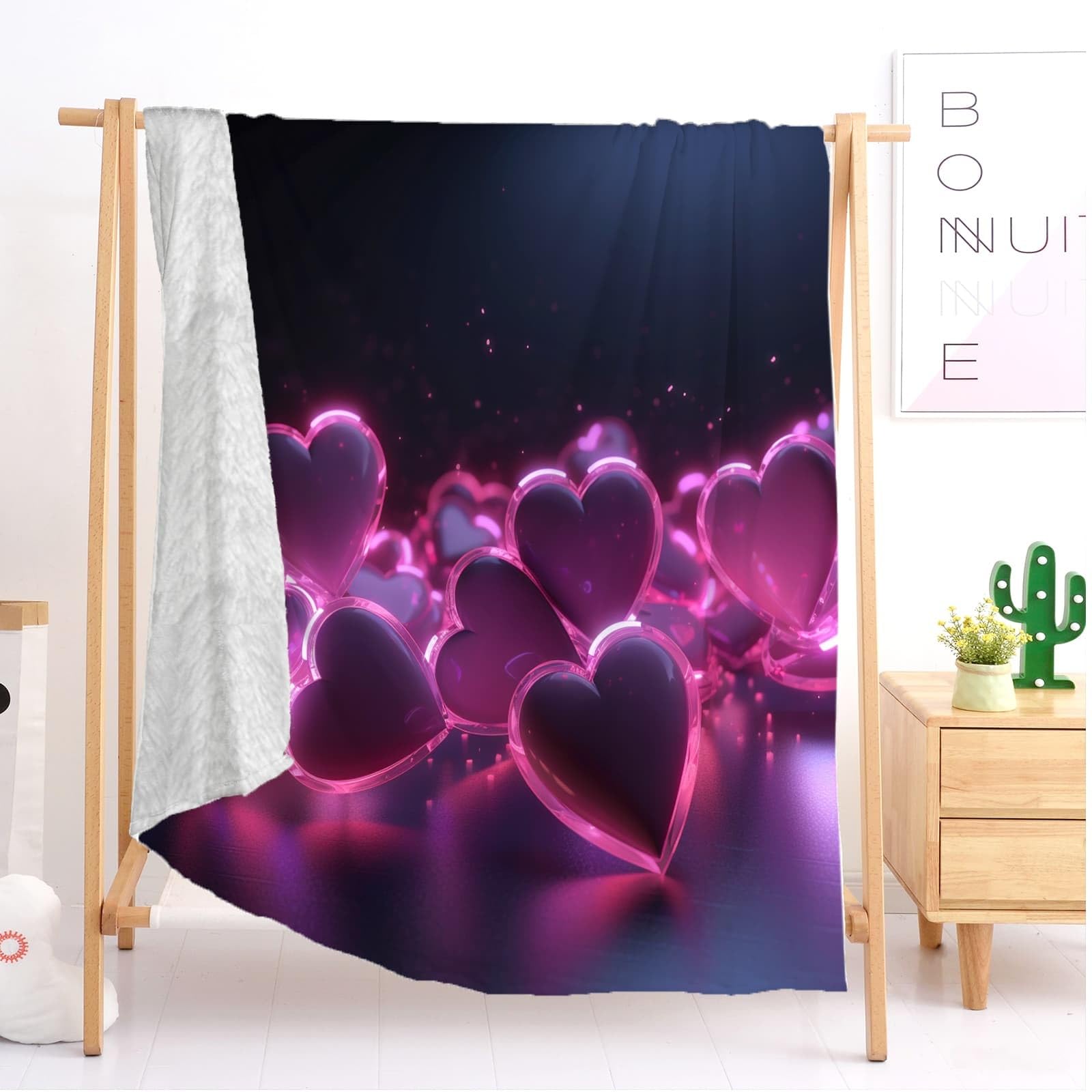 Coperta Pile 180x220 cm Cuore Romantico Al Neon Coperta Plaid Pile Divano Blanket in Flanella, Viola Coperta Letto Matrimoniale Calore Morbida, Coperta Leggera Per Campeggio e Viaggi