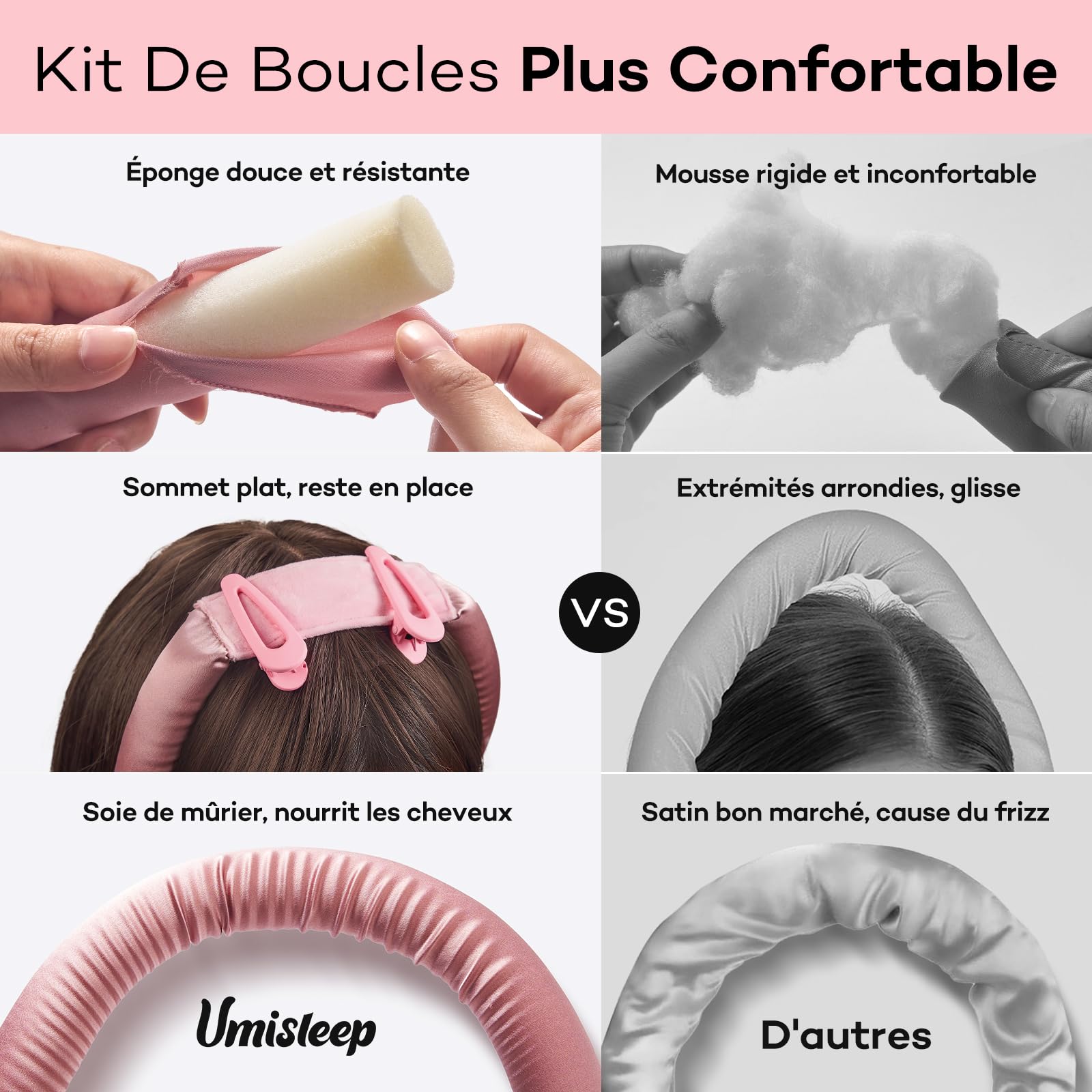 Umisleep Tresseur Sans Chaleur,Set de Boucles en Soie Protège les Cheveux,Tresseur de Boucles 99cm pour la Nuit,Bande DIY pour Boucles Sans Chaleur pour Cheveux Longs (Rose)