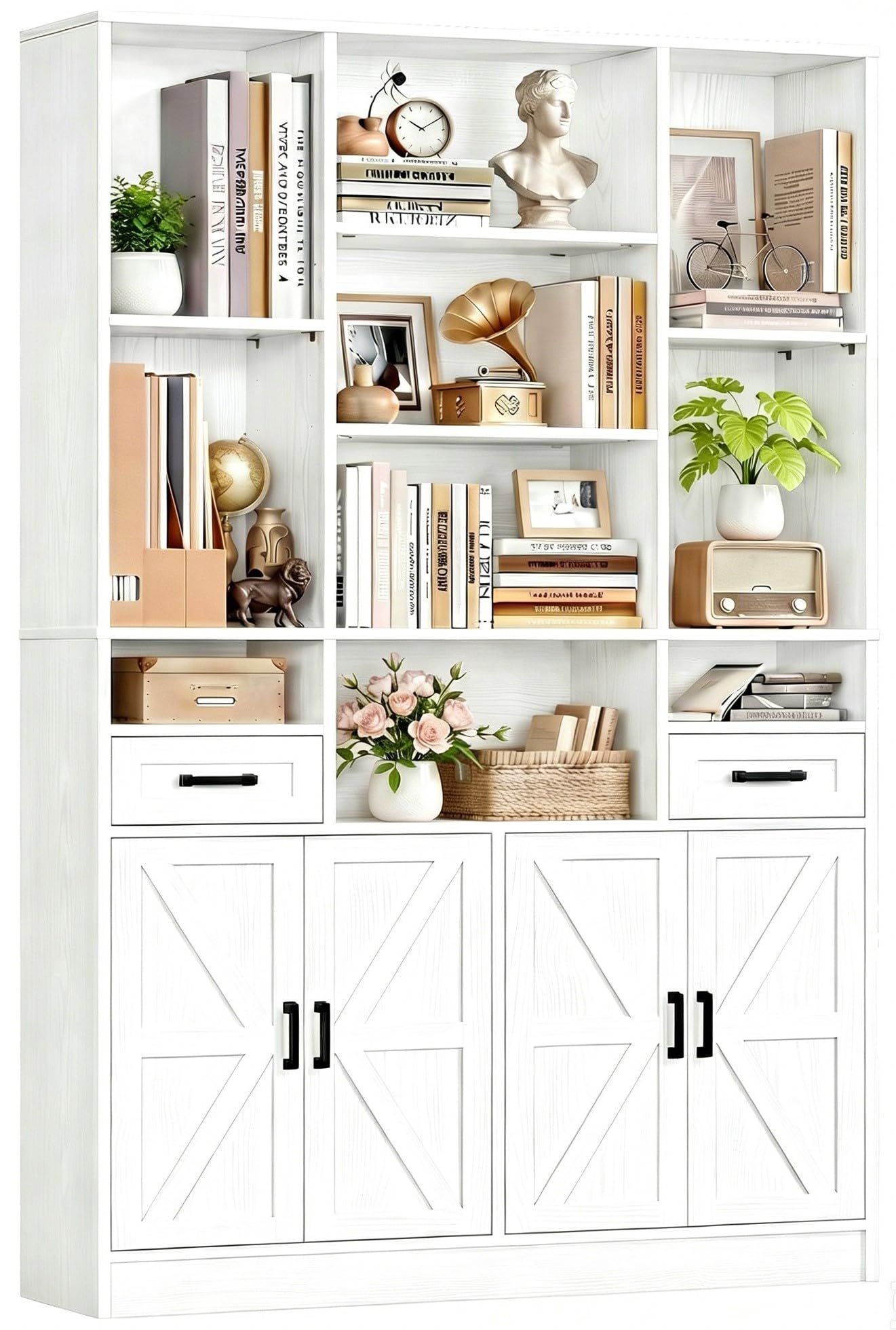 IRONCK Bookcase Bookshelf with Doors & Drawers 190cm Tall Living Room Bookcases,10 Multi-Size Open Compartments, Free Standing Display Shelf, Shelving Storage Unit for Home Office 108×30×190cm, White