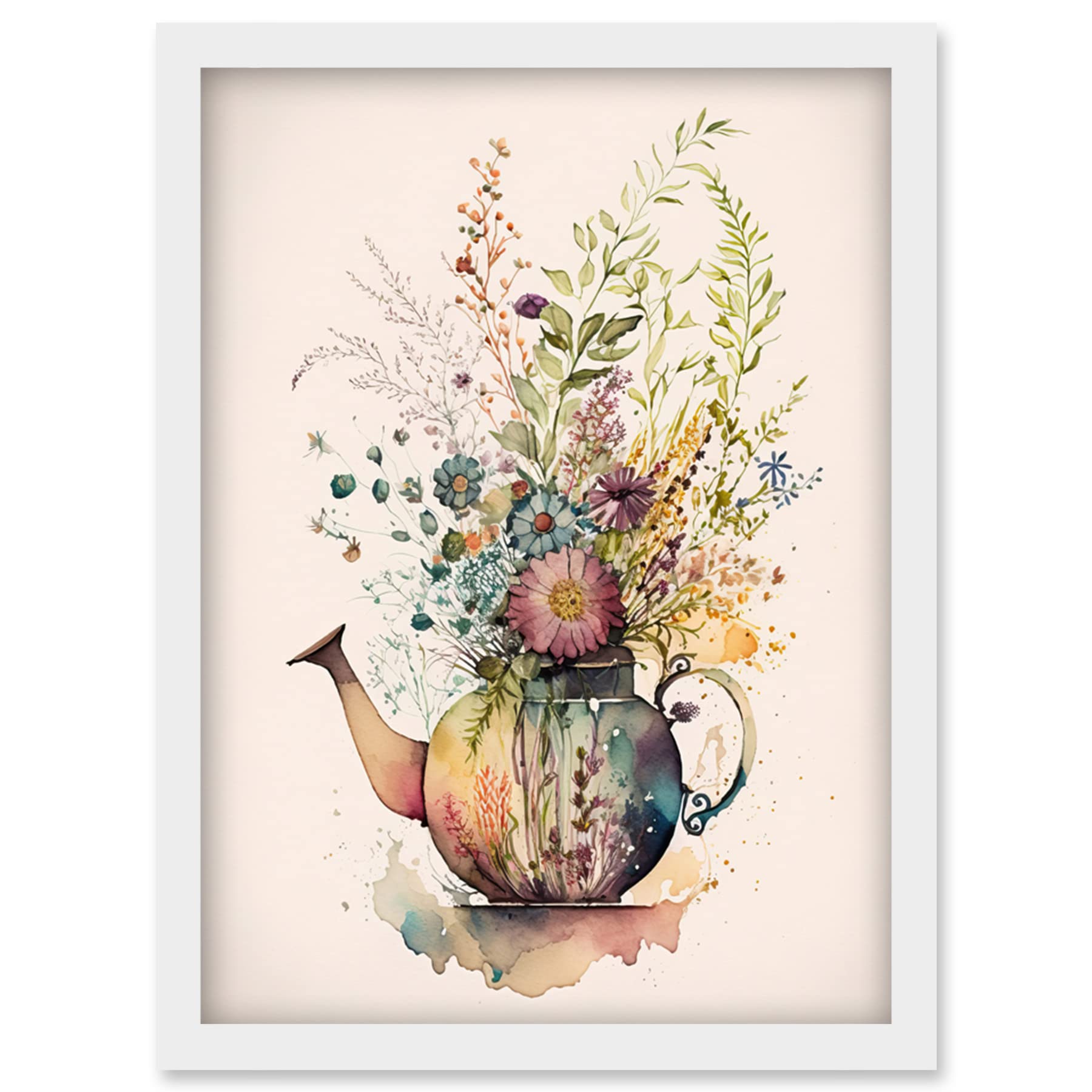 Artery8 Wildflower Floral Spring Bouquet in a Teapot Vase Artwork Framed Wall Art Print A4