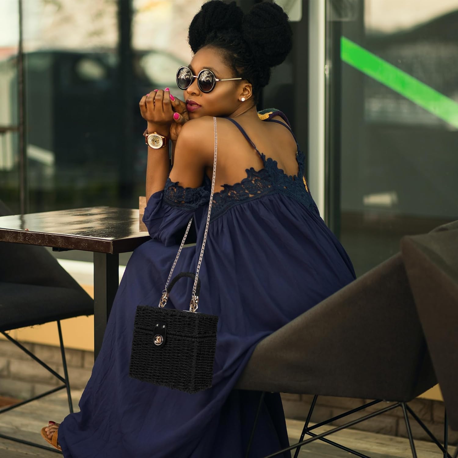 Handwoven Rattan Bag for Women Wicker Crossbody Shoulder Bag Straw Beach Tote Bag Top Handle Satchel Handbag with Chain Strap - Image 2