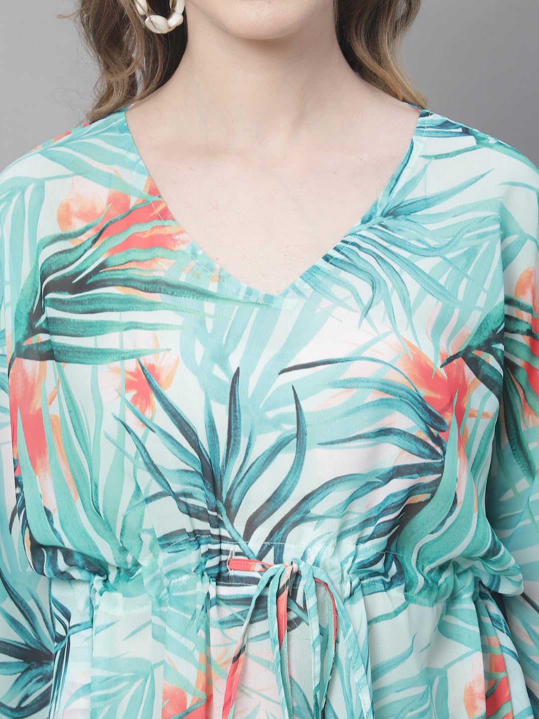 Claura Green & Orange Tropical Printed Swimwear Cover Up kaftan. (Green) 4