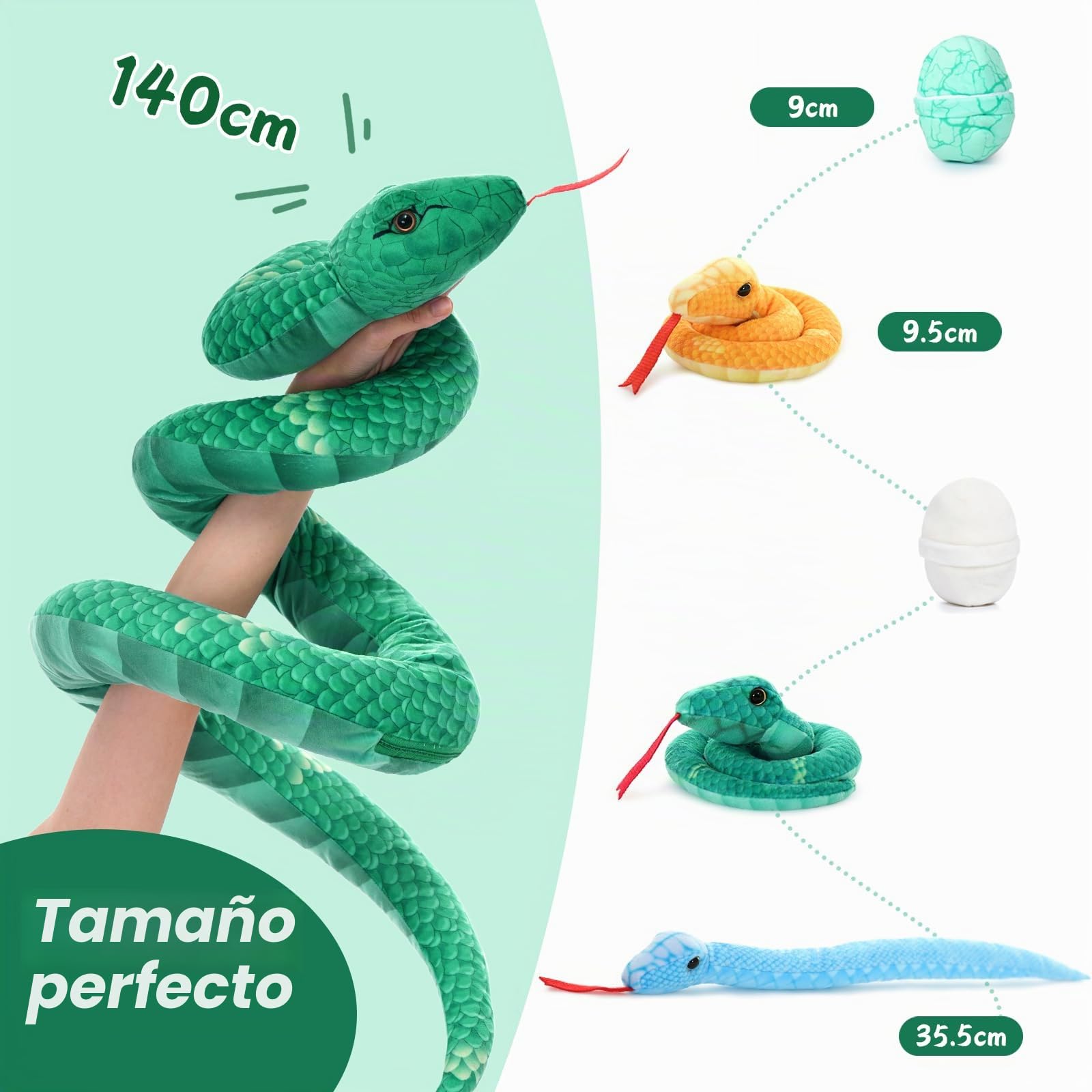 MorisMos Serpiente de Peluche XXL con Bebe en el Vientre, 140 cm de Largo Gran Serpiente Juguetes de Peluche Animales Realista, Regalo para Niños Niñas Cumpleaños Navidad
