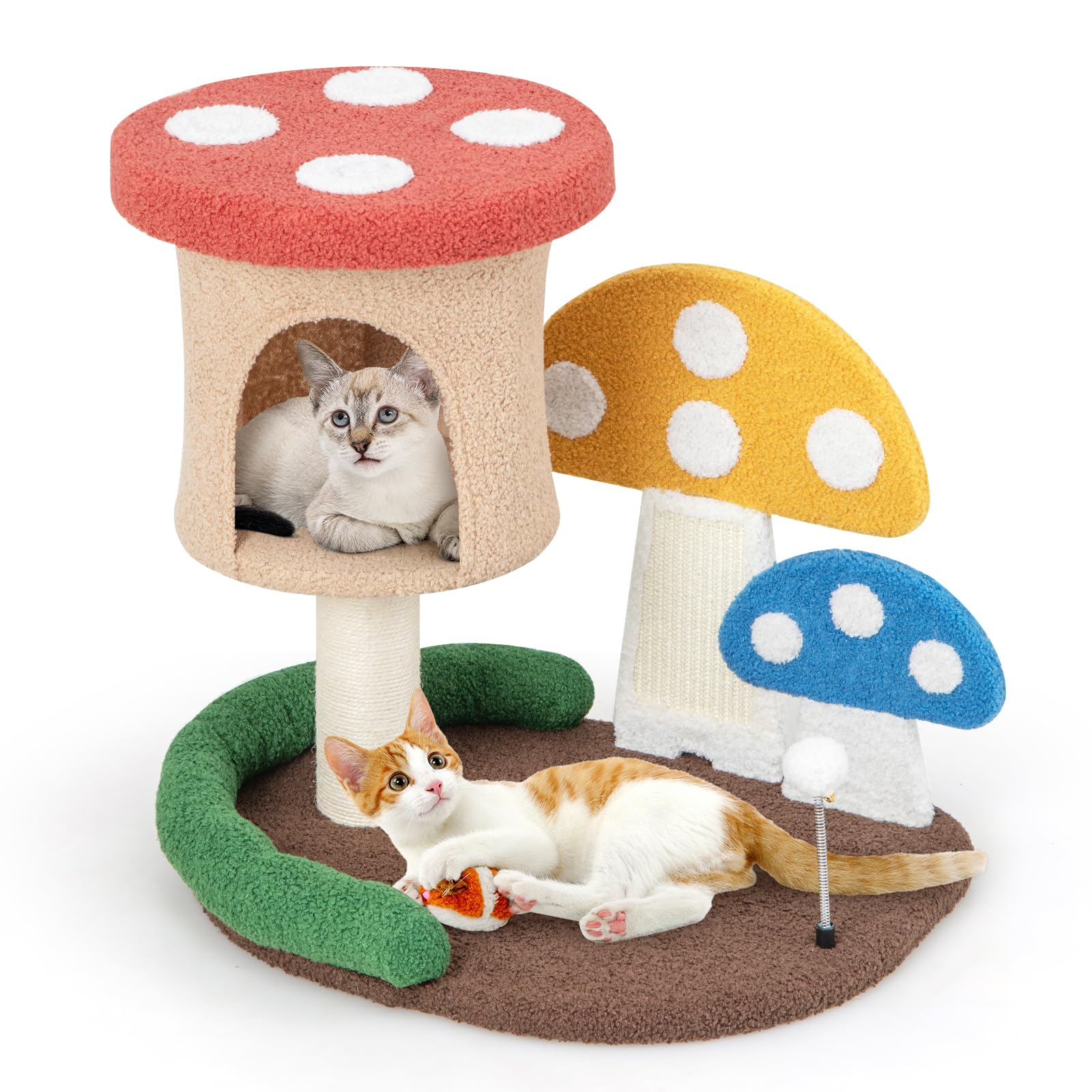 GYMAX Cat Tree, Mushroom Cat Tower with Condo, Platform, Scratching Posts, Sisal Board & Spring Ball, Multi-level Kitten Play Center for Living Room Bedroom (60 x 49 x 60cm)