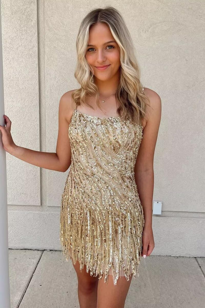 Sparkly Sequin Homecoming Dresses Spaghetti Straps Tight Short Cocktail Party Dress with Tassels for Teens - Image 3