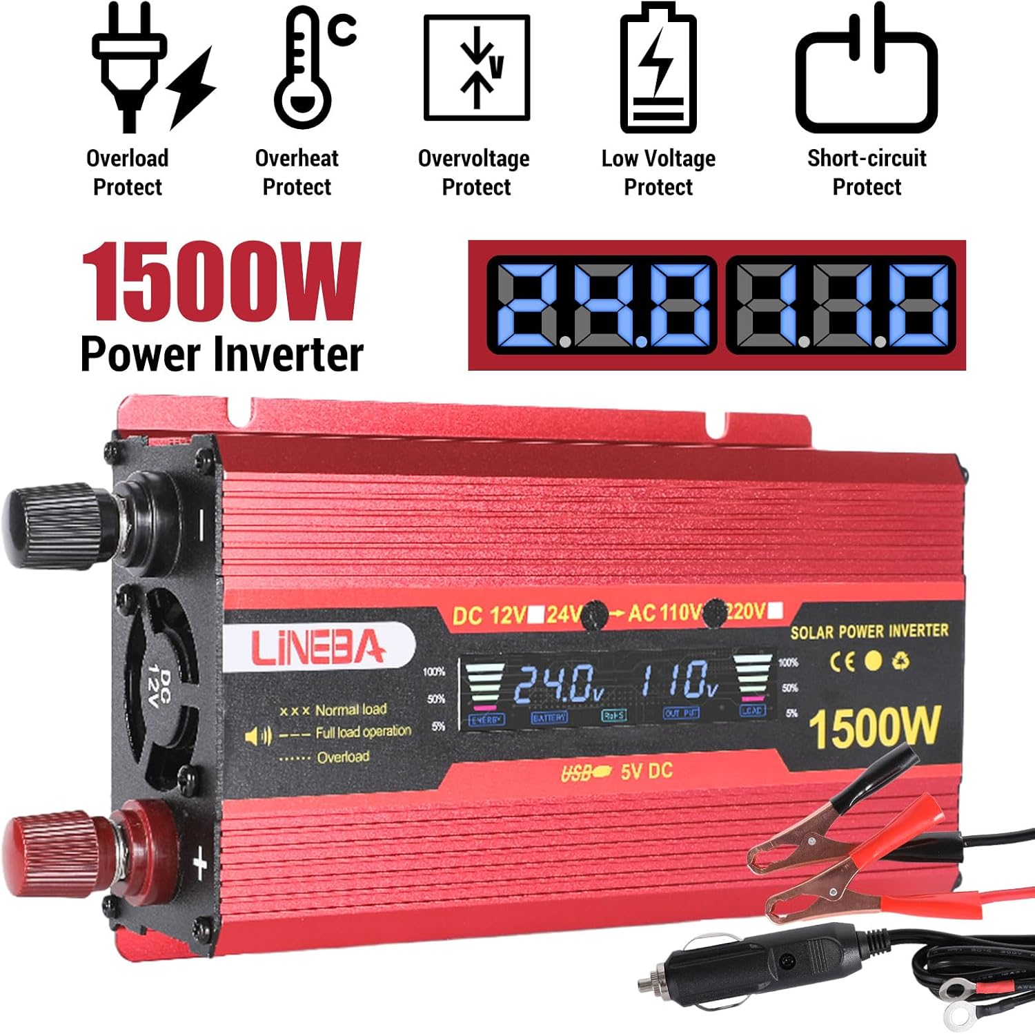 1500 Watt Power Inverter with LED Display,Dual AC Outlets,USB Port, 24V DC to 110V AC Converter Car Power Inverter for Vehicles, Car, RV, Truck, Off Grid Solar System, Outdoor Camping