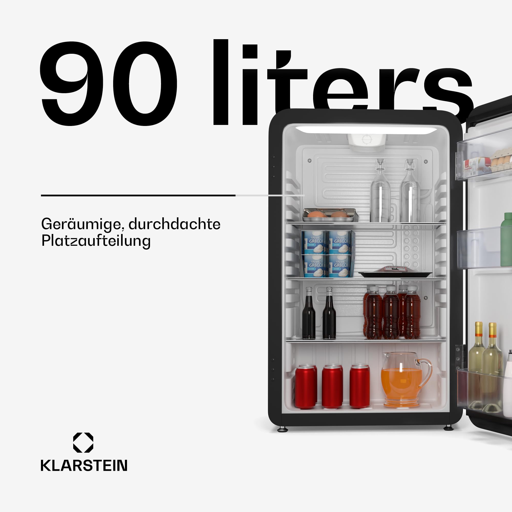 Klarstein Audrey Evo 90L Retro Mini Kühlschrank - Leise 40 dB, Kompakter Kühlschrank Klein mit Verstellbaren Füßen, Wendetür, Mechanischem Thermostat, Schwarz