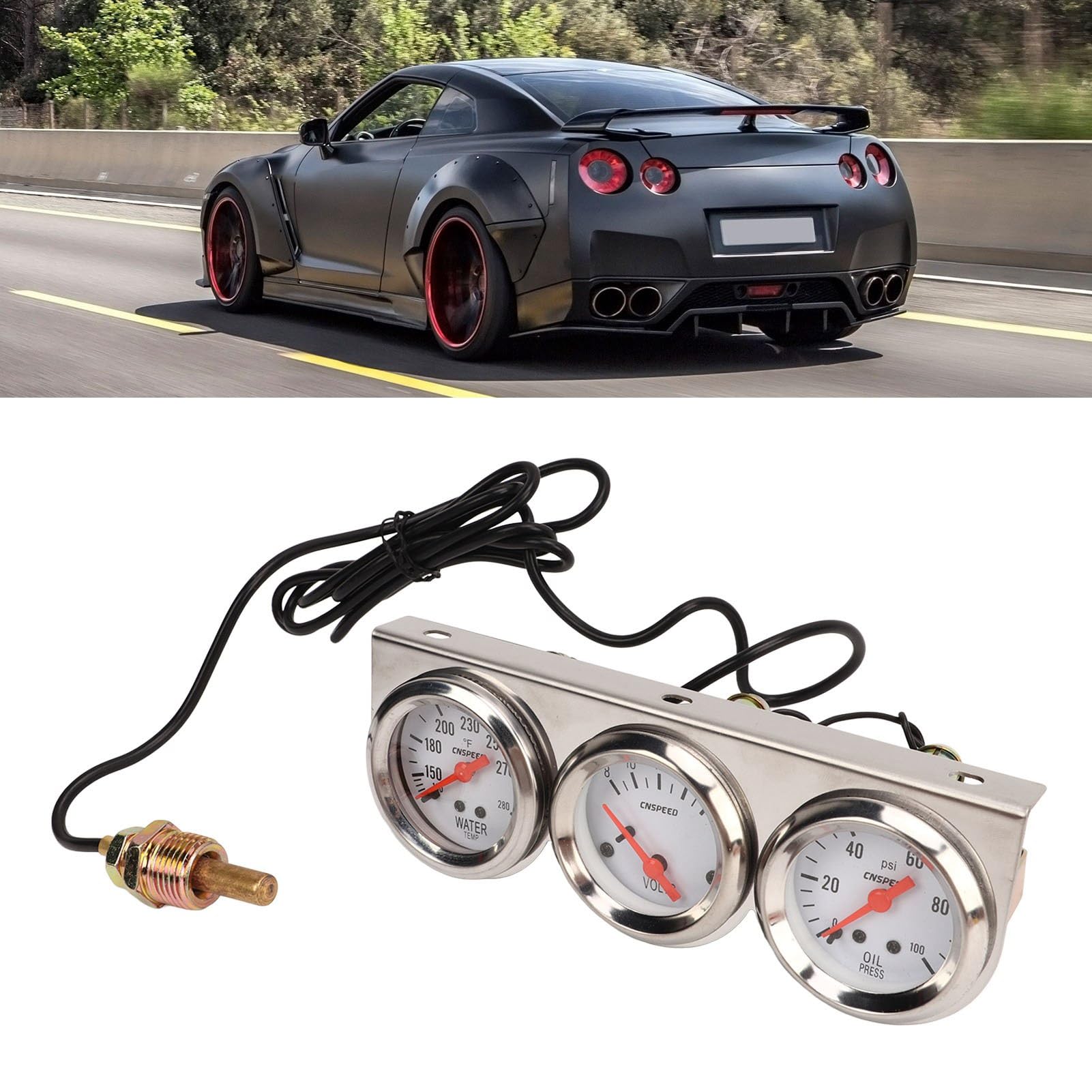 Aramox Kit de Calibre Triple para Automóvil, Kit de Calibre Triple para Automóvil de 52 Mm Esfera Blanca 12 V Presión de Aceite Voltímetro de Temperatura del Agua Medidor de