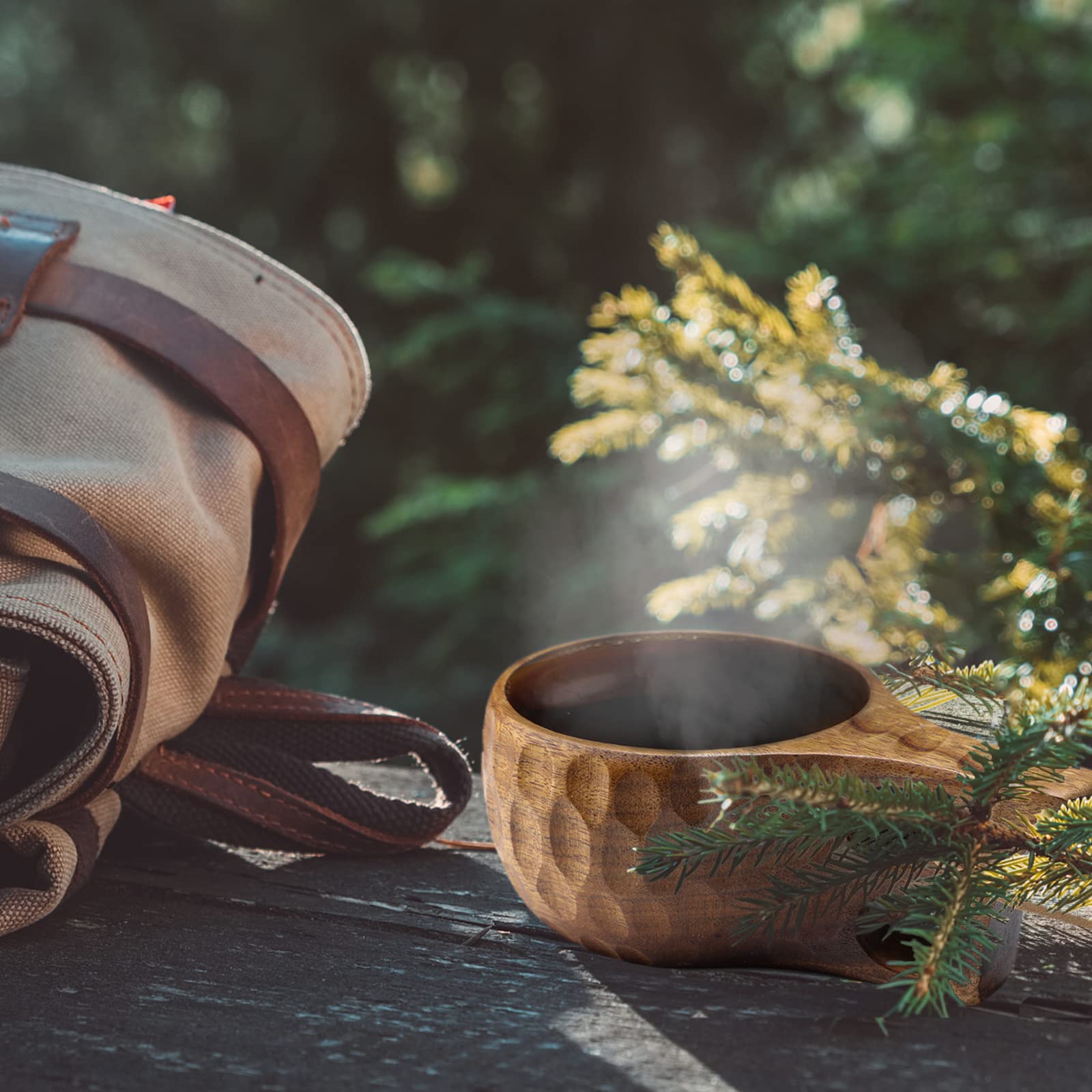 Kuksa Drewniany kubek kempingowy drewniany kubek Kuska kubki do kawy, tradycyjny nordycki design, ze smyczą i karabińczykiem, lekki, trwały, idealny towarzysz na kemping, żerowanie lub ogrodnictwo - 355 ml