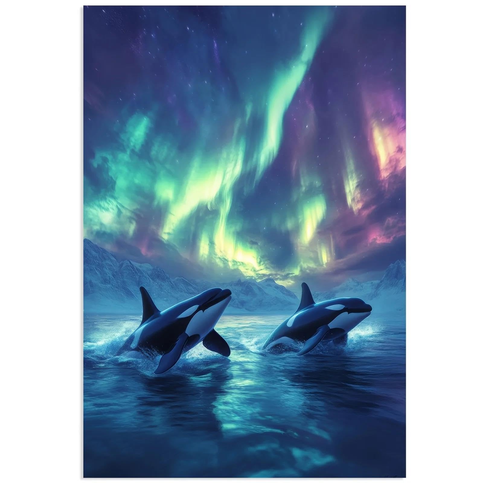 Baibexing Orcas Under Aurora Borealis Canvas Painting Wall Art Poster Print For Living Room Home Decor 30X40Cm Unframed