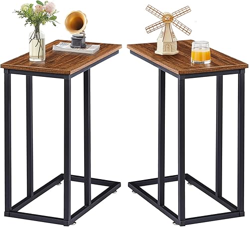 VECELO Mesa auxiliar en forma de C para sofá y cama, bandeja de TV para sala de estar, dormitorio, juego de 2, color marrón