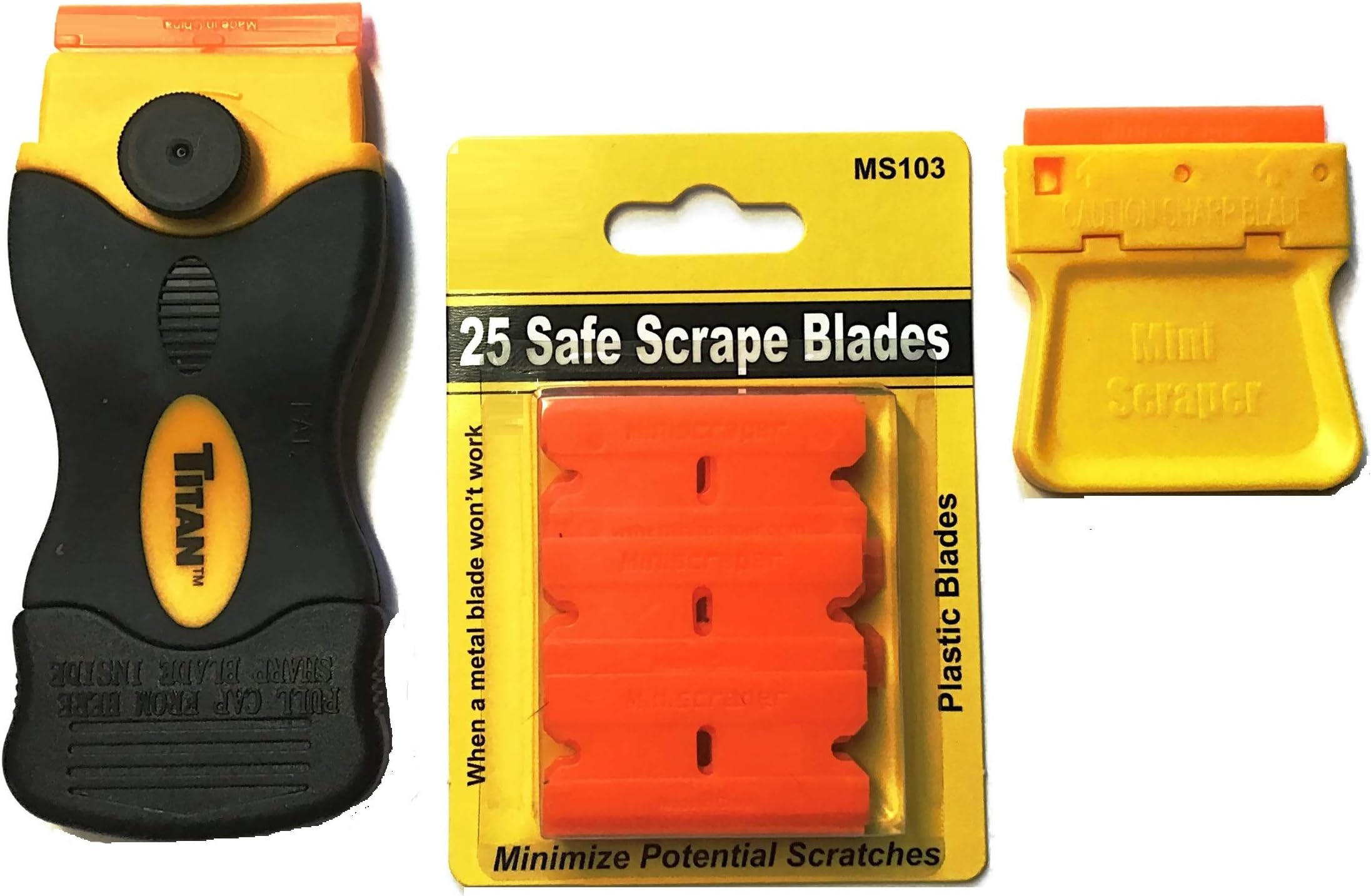 25 Plastic Double Edged Razor Blades with Titan Razor Scraper - Mini Scraper Combo