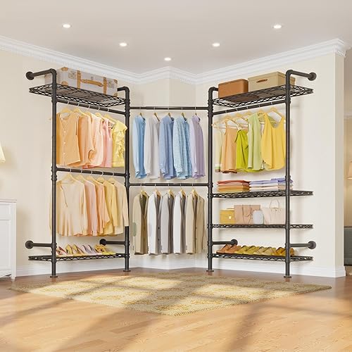 Miniatura 8 de Timate Perchero de ropa en forma de L L3 resistente para colgar ropa, perchero industrial expandible montado en la pared, armario de esquina