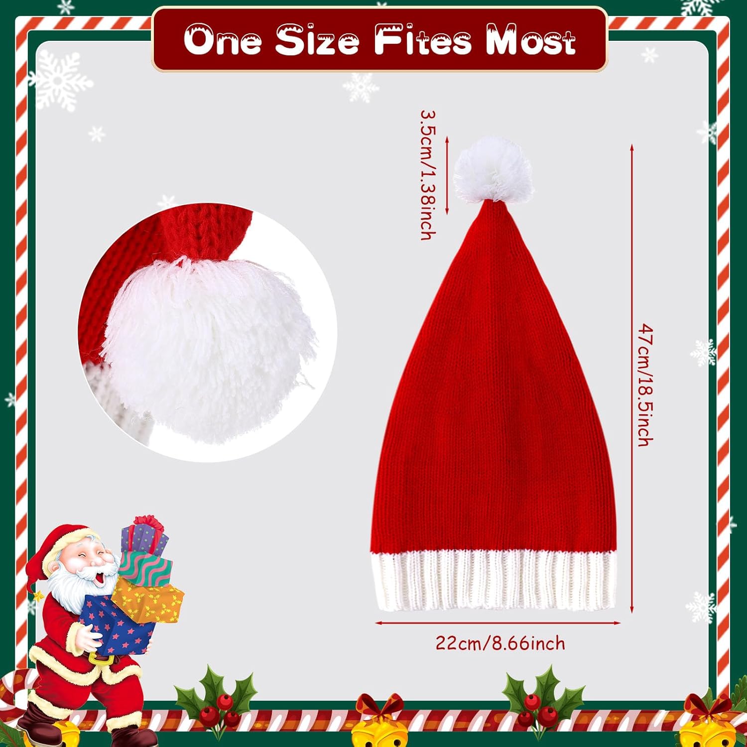 Santa Hats Bulk Christmas Knitted Hat for Adult Women Men Red Soft Warm Crochet Cap with Pompom Xmas Knit Beanie