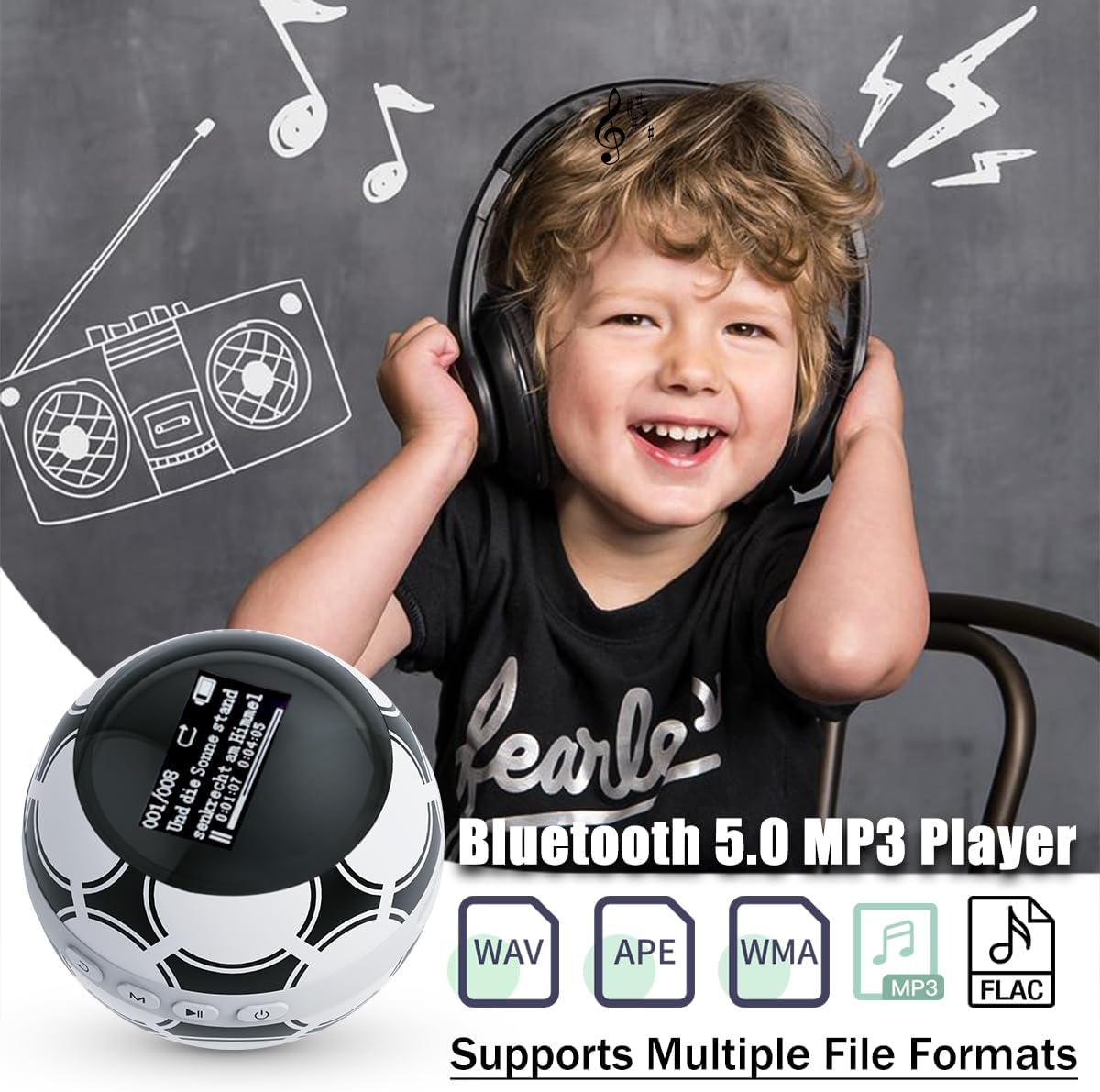 64GB MP3 Player for Kids,MP3 Player with Bluetooth 5.0, Mini Soccer Ball Music Player, Supports Speaker, FM Radio, Recording, and Pedometer Functions, Comes with Headphones and Lanyard