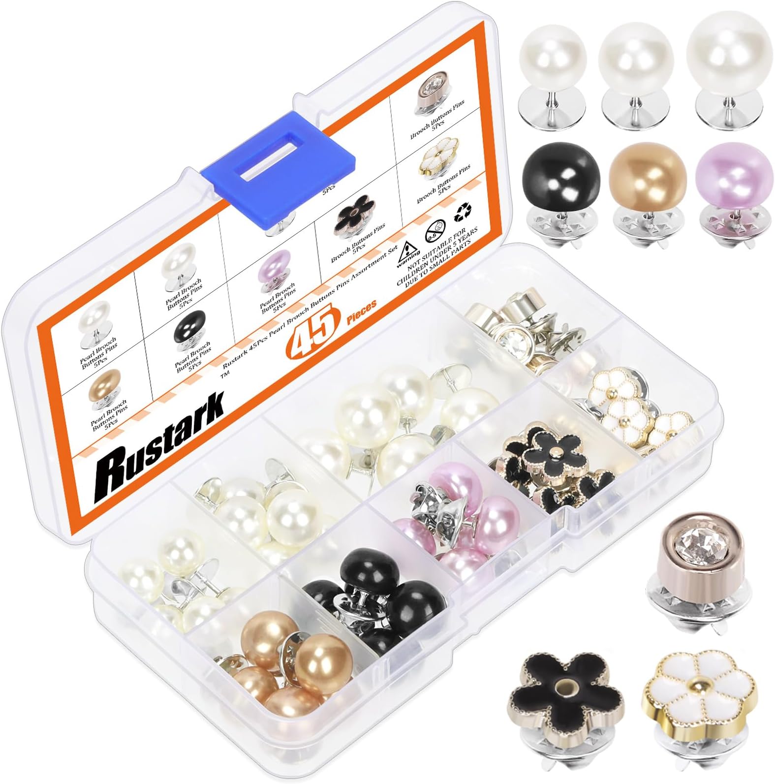RustarkRustark 45Pcs 9 Styles No Sew Pearl Brooch Buttons Pins Assortment Kit Reusable Pearl Pins Safety Brooch Buttons Pearl Brooch Pins for Shirt Dress DIY Crafts Sewing Decoration