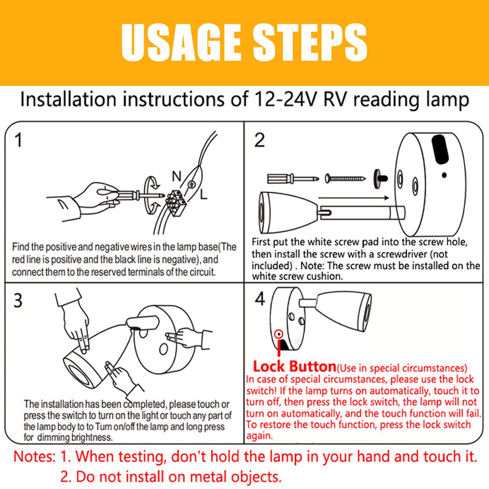 Lampes LED 12 V pour camping-car 12 V - Intensité variable - Lampe de lecture 12 V - Avec port de charge USB - Lampe de caravane - Interrupteur tactile 3200 K - Pour caravane, voiture, camping-car