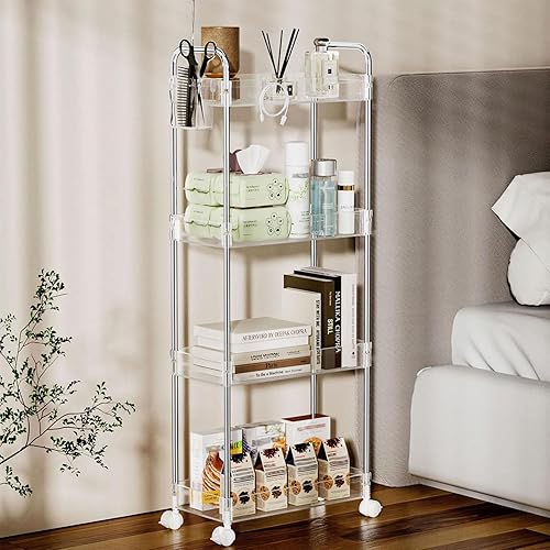 Miniatura 7 de SPACEKEEPER Carrito de almacenamiento de acrílico con ruedas de 4 niveles, organizador de carrito de baño transparente, carrito utilitario rodante