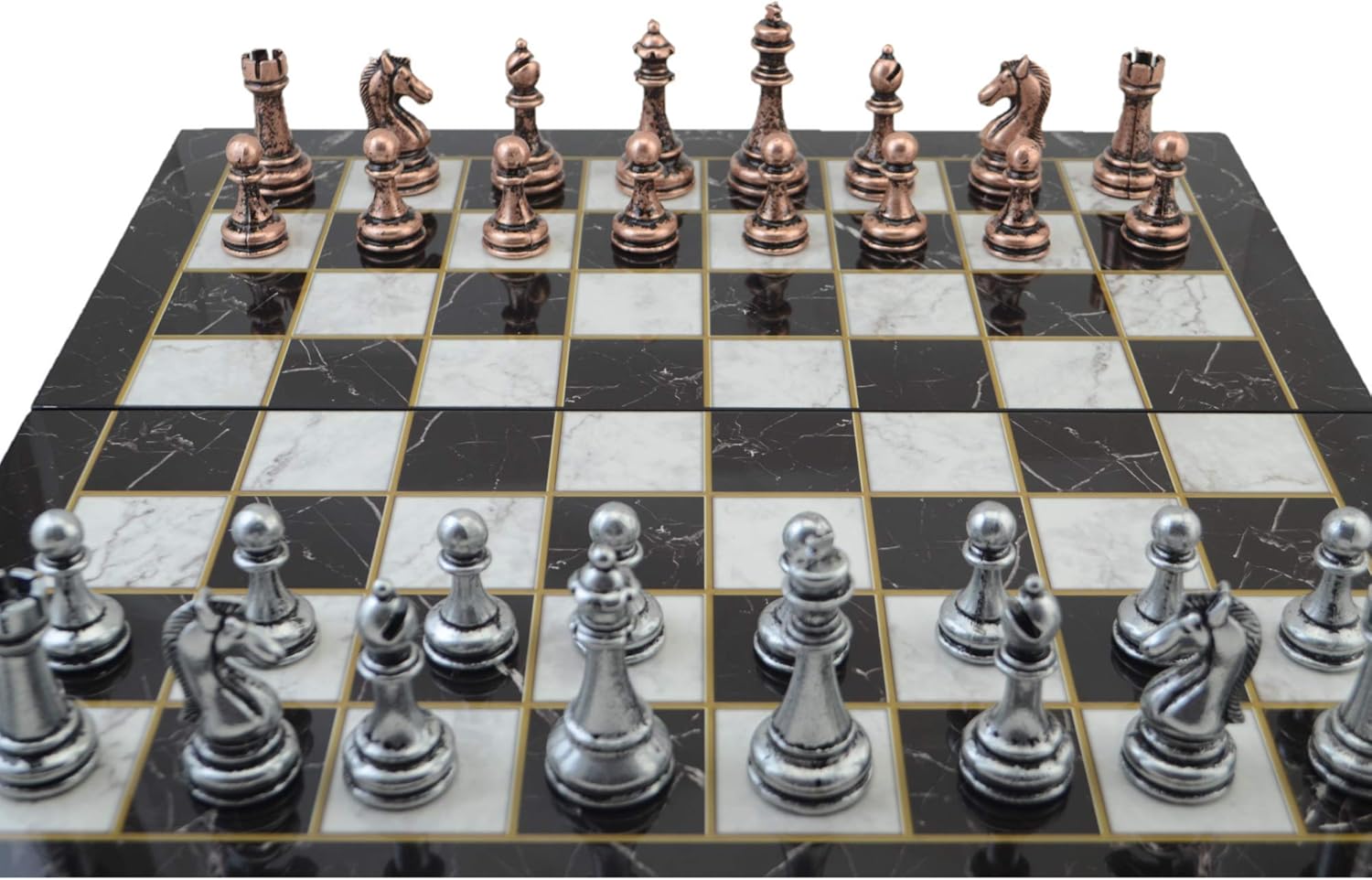 Classic Antique Copper Chess Set for Adults,Handmade Pieces and Marble Design Wood Chess Board King 2.96 inc