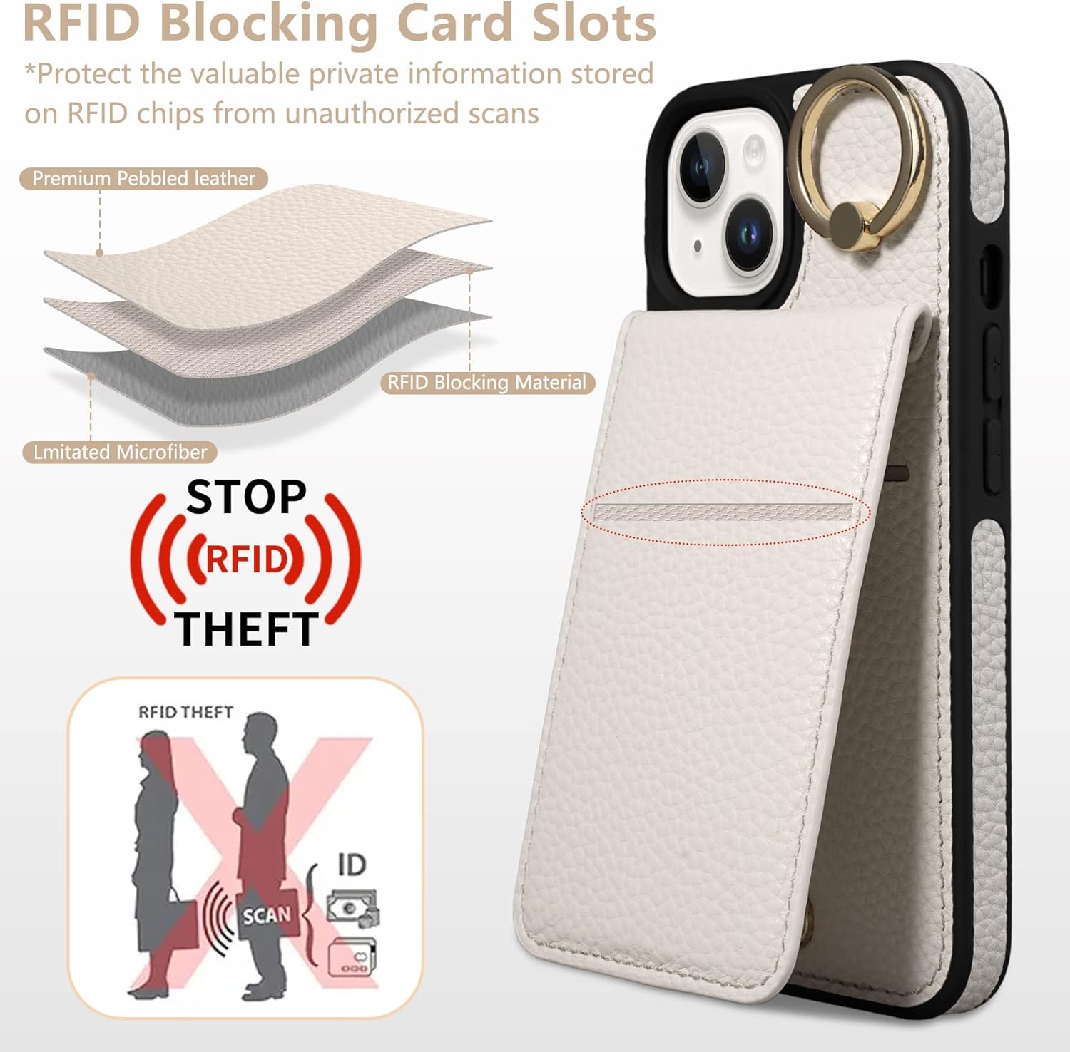 Keallce Case for iPhone 14 6.1'', Detachable Crossbody Wallet Case with RFID Blocking Card Slots, 360ｰStand Ring, Flip Leather Protective Cover Lanyard Shoulder Strap Women for iPhone 14 2022 5G,Beige - Image 4