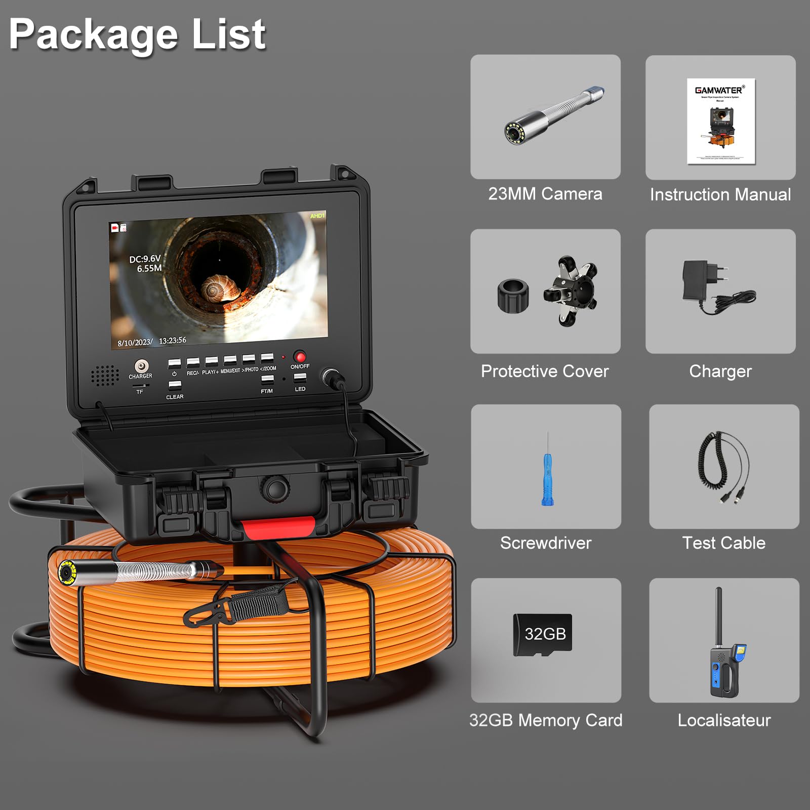 Cámara de Alcantarillado con Localizador 512Hz, Cámara Inspección Tuberías Auto Nivelante 23mm 1080P, Pantalla IPS 9", IP68 Impermeable, Contador de Metros, Batería 4500mAh, Tarjeta 32GB