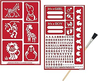 2 Armour Etch Over N Over Reusable Glass Etching Stencils Set | Baby Shower, New Parent, It's A Girl, It's A Boy, Animals Themed Stencil | Set Includes Brush, Total 3 Items
