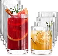 LUNA & MANTHA Ribbed Glass Set of 8: 17oz Highball & 12oz Rocks Glasses, Vintage Borosilicate Drinkware, Dishwasher Safe