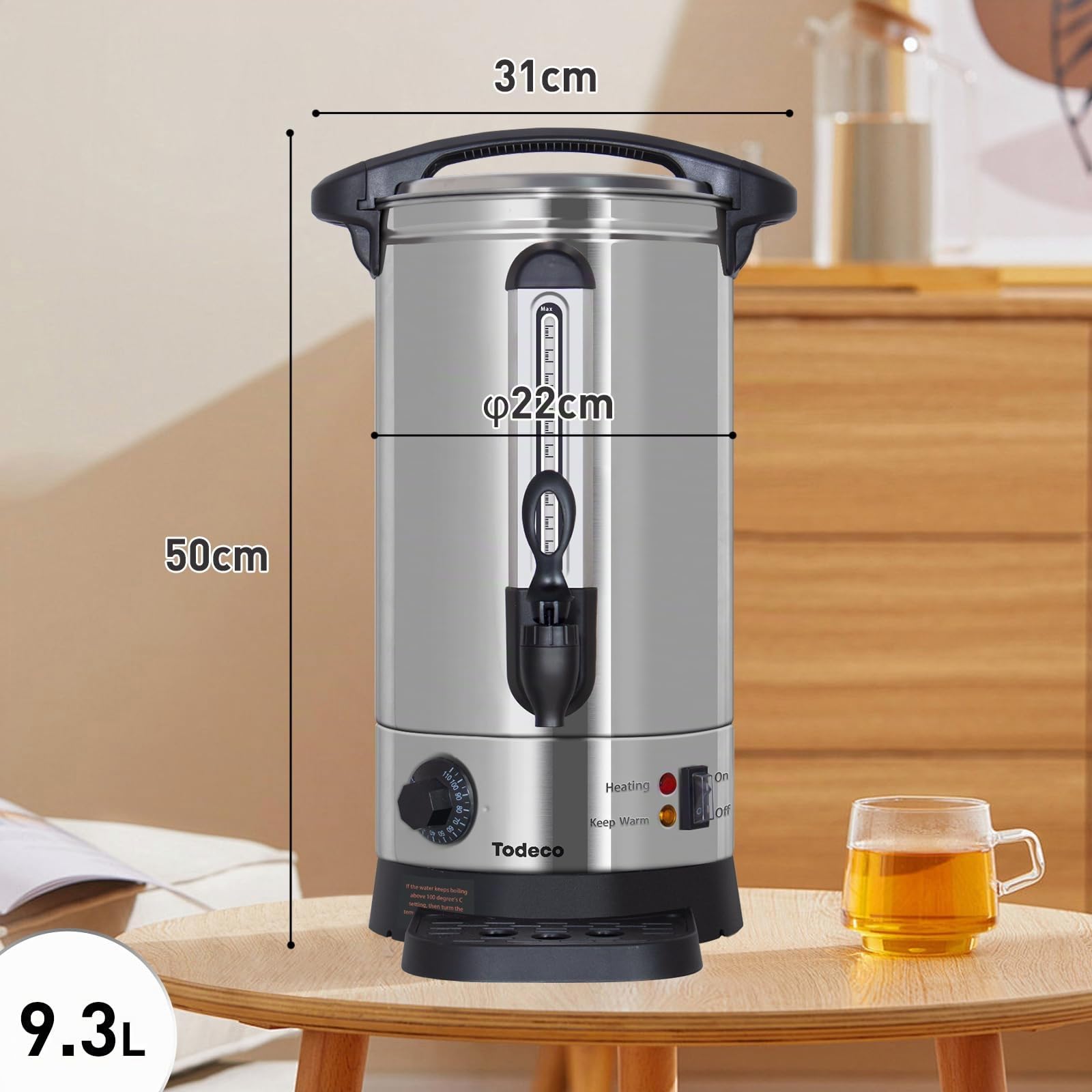 Todeco Hervidor para Vino Caliente 9,3 L, Dispensador Bebidas Calientes | 1500 W, termostato 30–110 °C, grifo y bandeja antigoteo, acero inoxidable, ideal para café, té y vino caliente