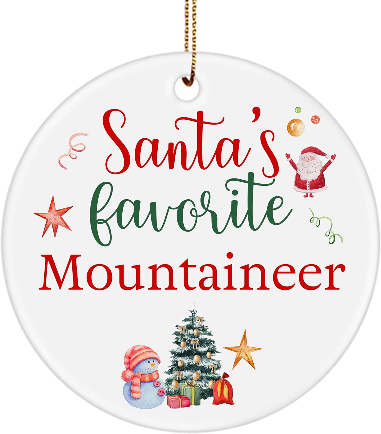 Santa's Favorite Mountaineer Ornament for Christmas 2024 2025 2026 Round Ceramic Funny Mountaineer Gifts for Climber Office Coworker Men Women Son Daughter Holiday Keepsake