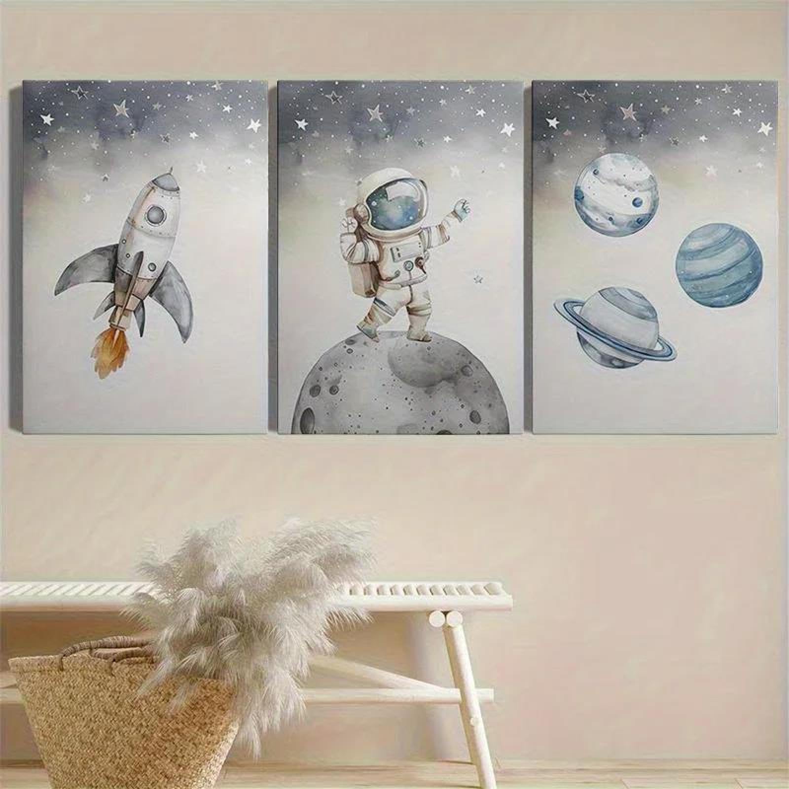 Yocheng 3-Piece Canvas Print Decoration, Cartoon Style Decor, Space Art, Watercolor Painting, Astronaut, Rocket, Planets 21x30cmx3 No Frame