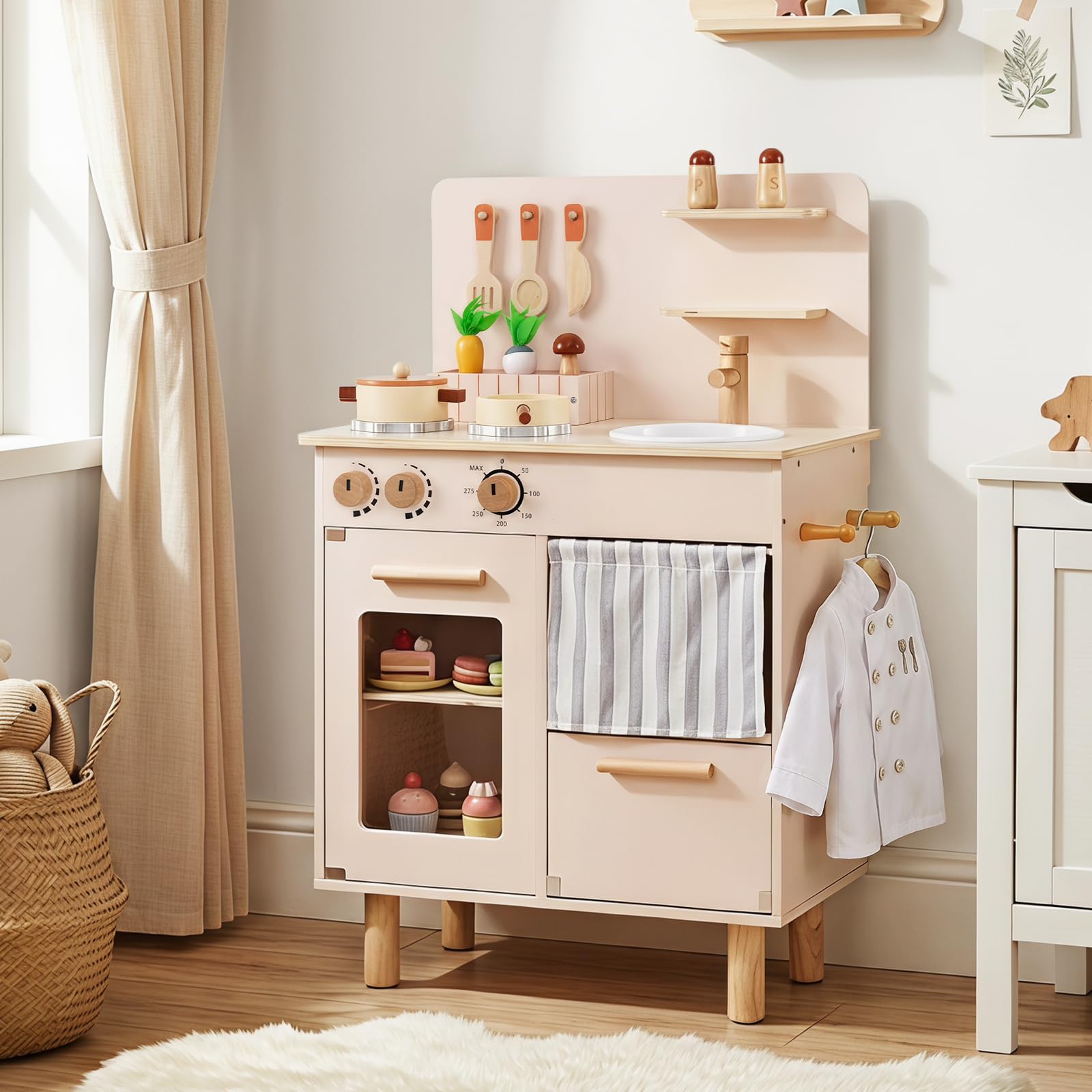 HOMASIS Cucina Giocattolo in Legno per Bambini con Accessori (Beige) | Set Gioco da Cucina con Fornello, Lavello, Rubinetto, Lavastoviglie, Cibo Finto, Cucinetta Giocattolo con Accessori, 3+ Anni