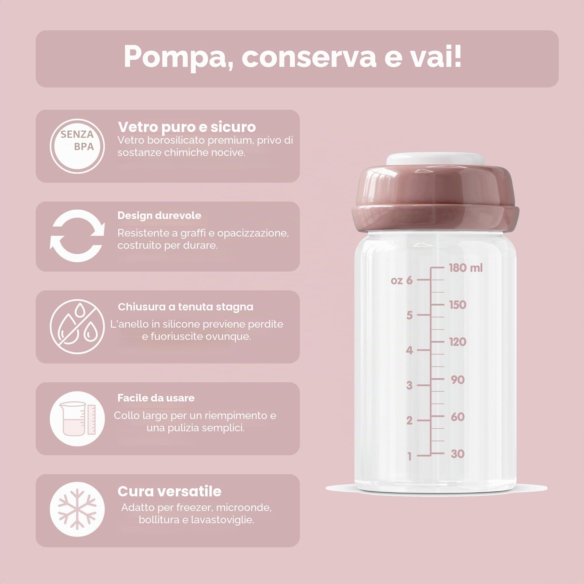 Bottiglie in vetro per latte materno di alta qualità, 180 ml, lavabili in lavastoviglie, adatte al congelatore e al microonde (4 bottiglie di vetro per conservare il latte materno, 4 x 180 ml)